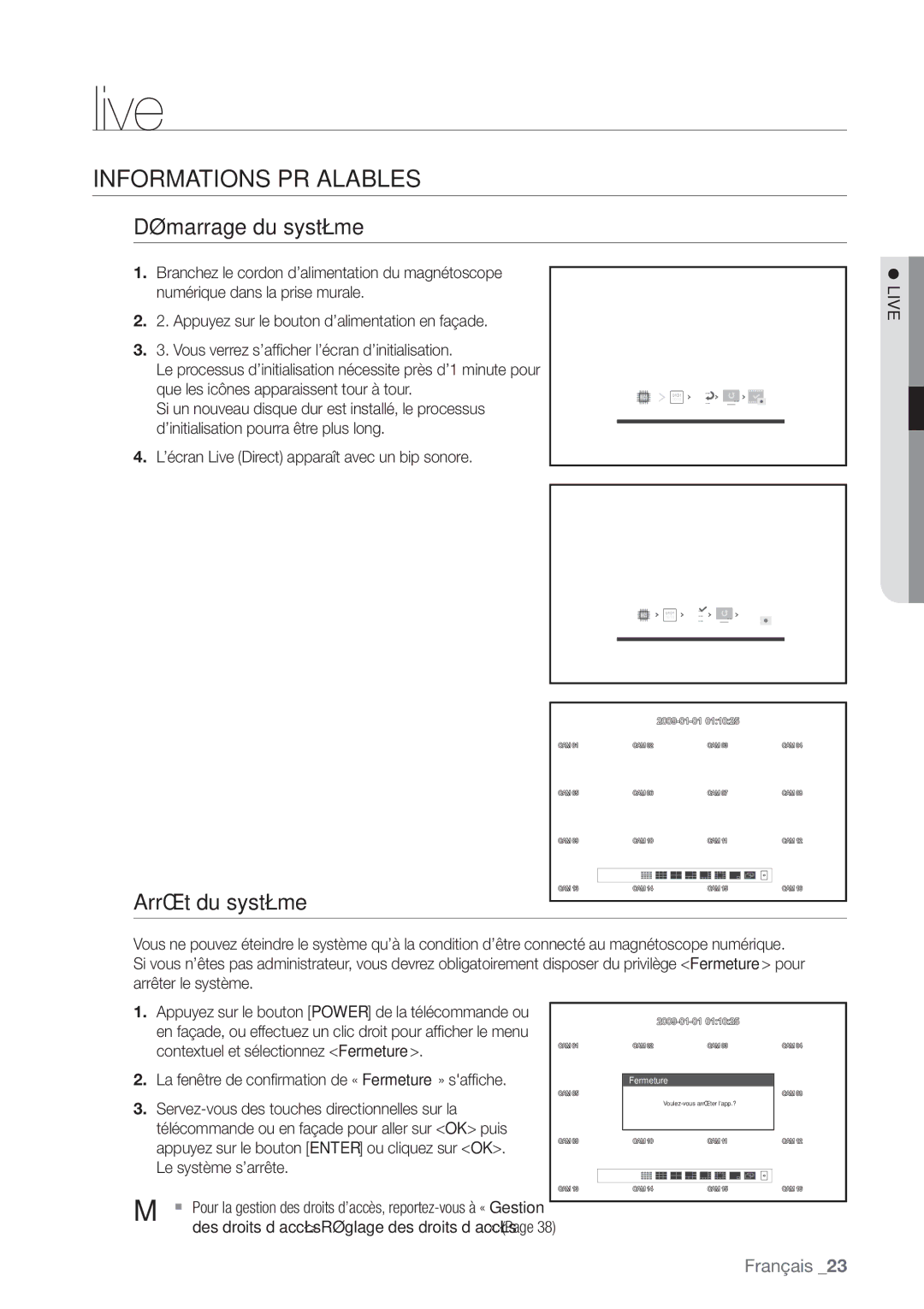 Samsung SHR-7082P, SHR-8082P, SHR-8162P manual Informations Préalables, Démarrage du système, Arrêt du système,  Live 