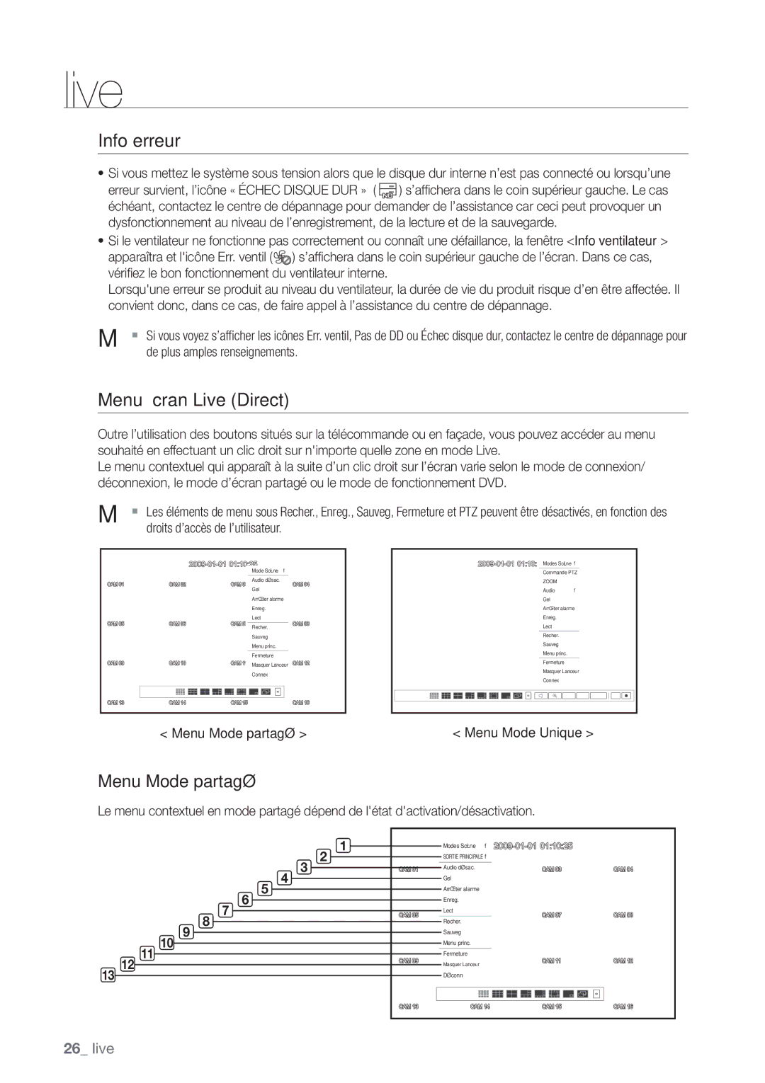 Samsung SHR-7082P, SHR-8082P, SHR-8162P manual Info erreur, Menu Écran Live Direct, Menu Mode partagé, Menu Mode Unique 