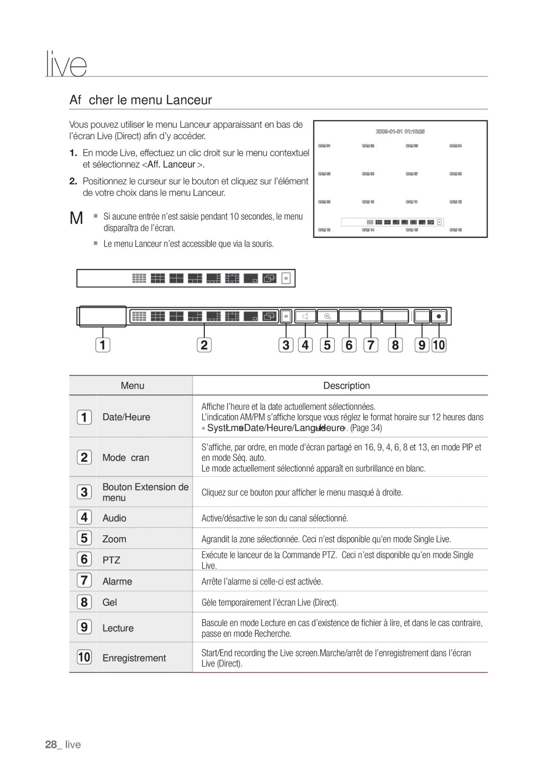 Samsung SHR-8162P, SHR-8082P, SHR-7082P manual Afﬁcher le menu Lanceur, Ptz 