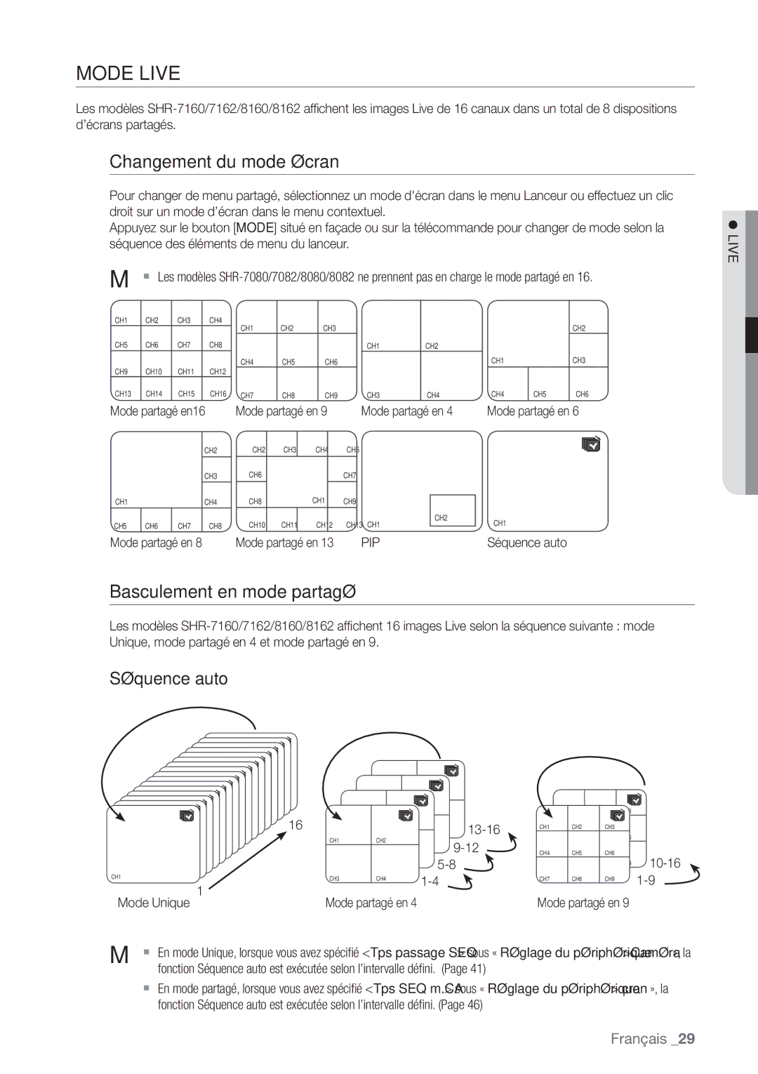 Samsung SHR-7082P, SHR-8082P manual Mode Live, Changement du mode écran, Basculement en mode partagé, Séquence auto, Pip 