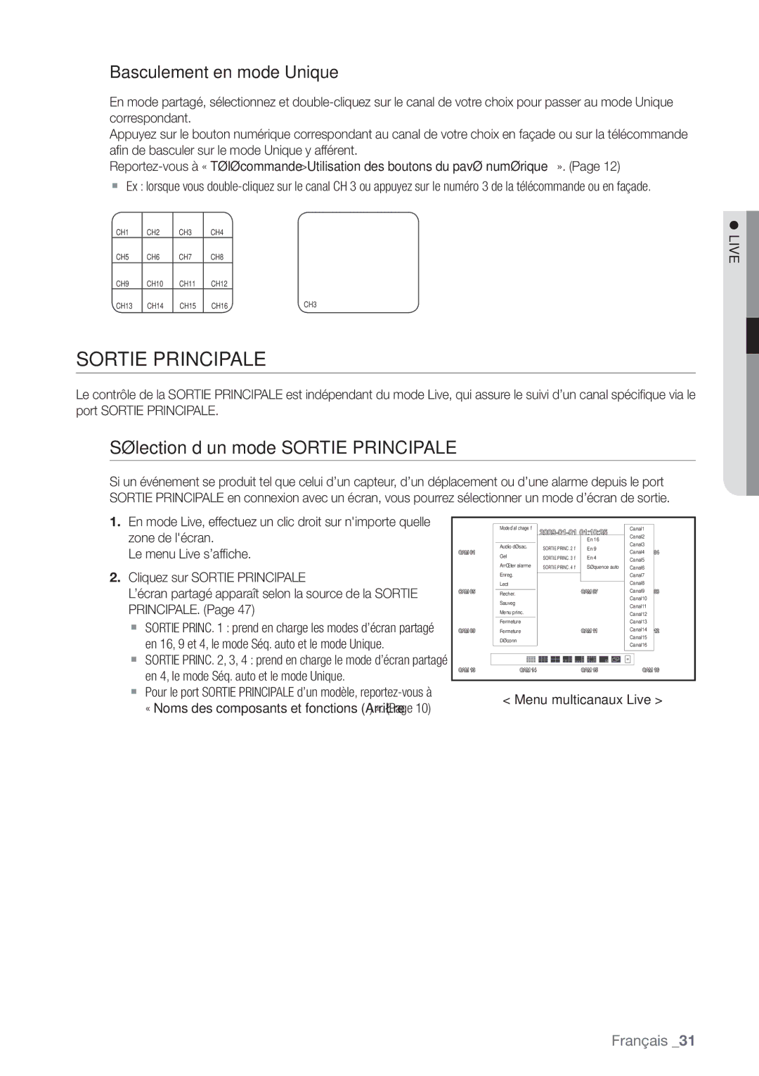 Samsung SHR-8162P, SHR-8082P, SHR-7082P manual Sélection d’un mode Sortie Principale, Basculement en mode Unique 