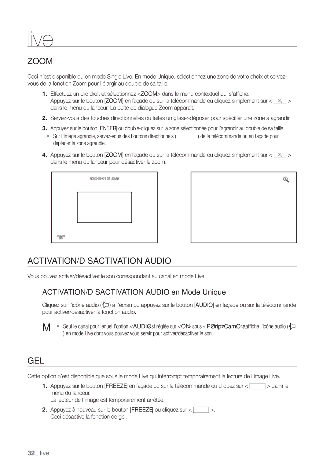 Samsung SHR-7082P, SHR-8082P, SHR-8162P manual Zoom, Gel, ACTIVATION/DÉSACTIVATION Audio en Mode Unique 