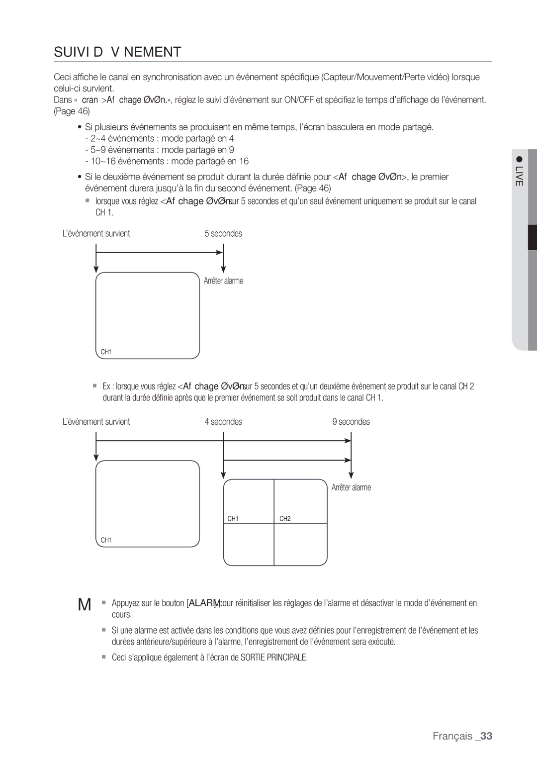 Samsung SHR-8082P, SHR-8162P, SHR-7082P manual Suivi D’ÉVÉNEMENT, ’événement survient Secondes 