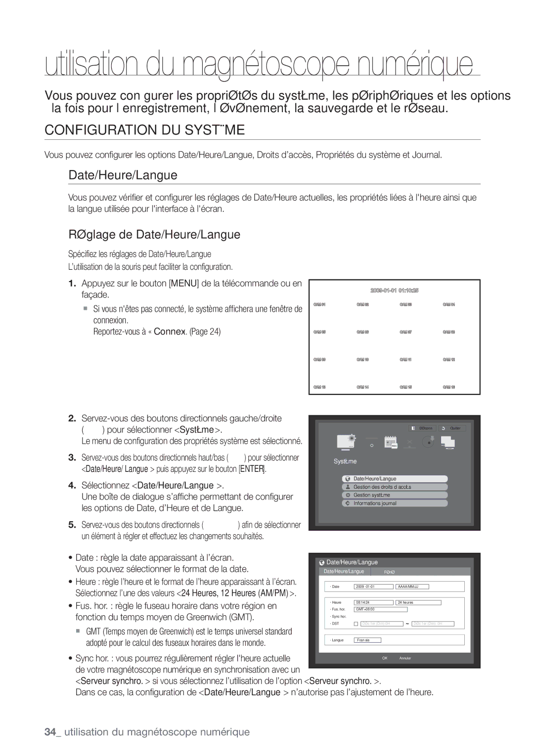 Samsung SHR-8162P, SHR-8082P Configuration DU Système, Réglage de Date/Heure/Langue, Sélectionnez Date/Heure/Langue 