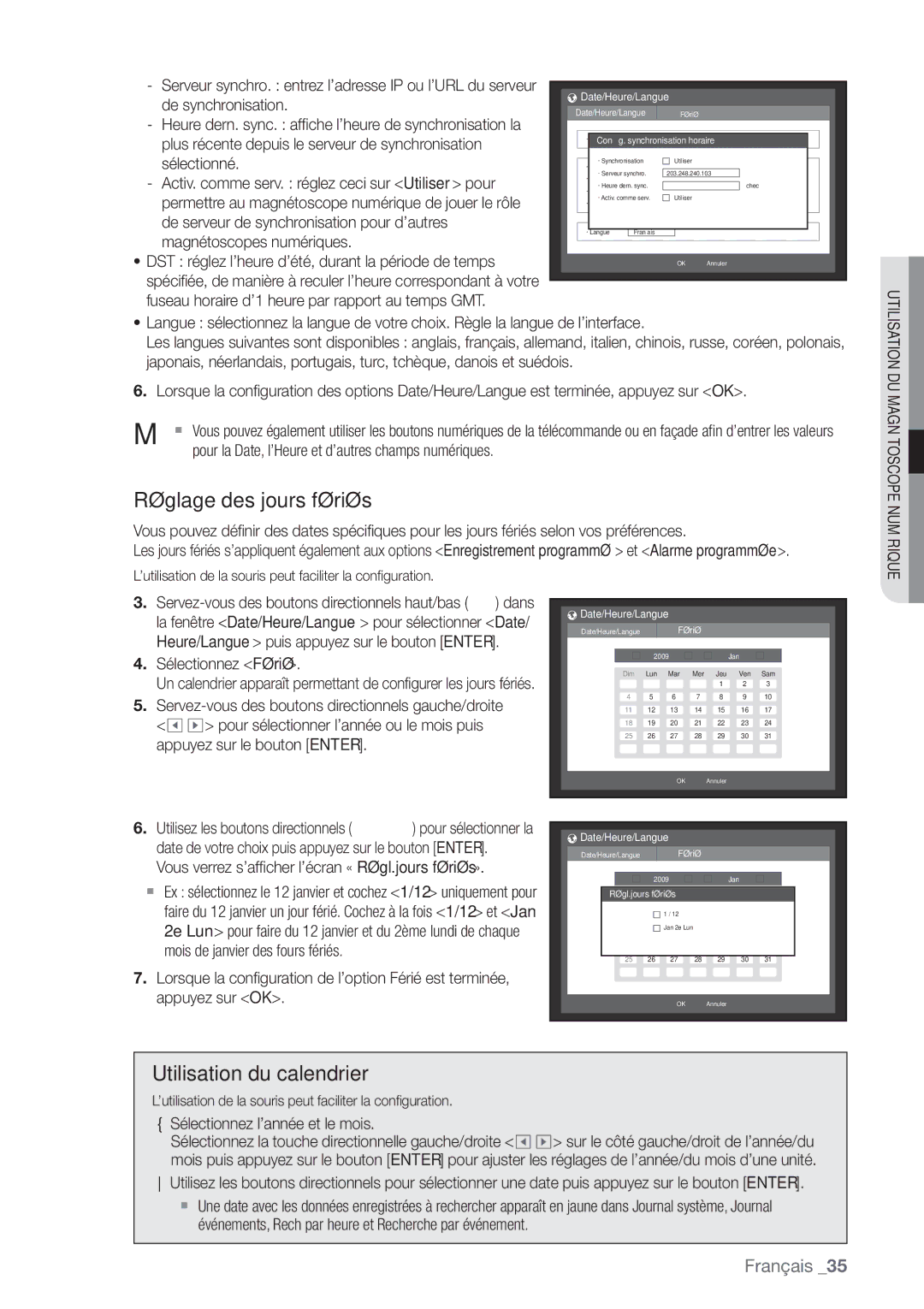 Samsung SHR-7082P Réglage des jours fériés, Utilisation du calendrier, Sélectionnez Férié, Sélectionnez l’année et le mois 