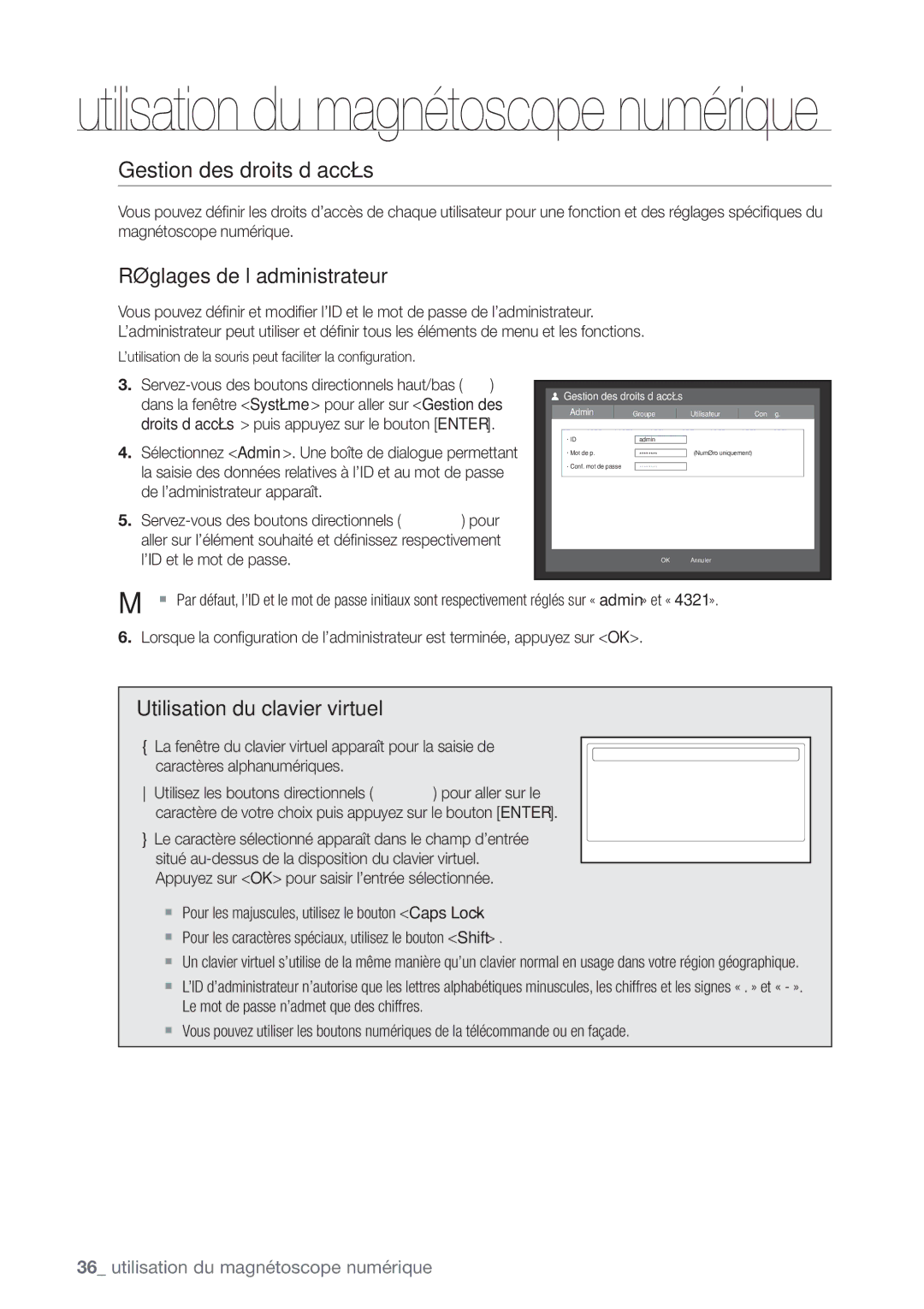 Samsung SHR-8082P manual Gestion des droits d’accès, Réglages de l’administrateur, Utilisation du clavier virtuel, Admin 