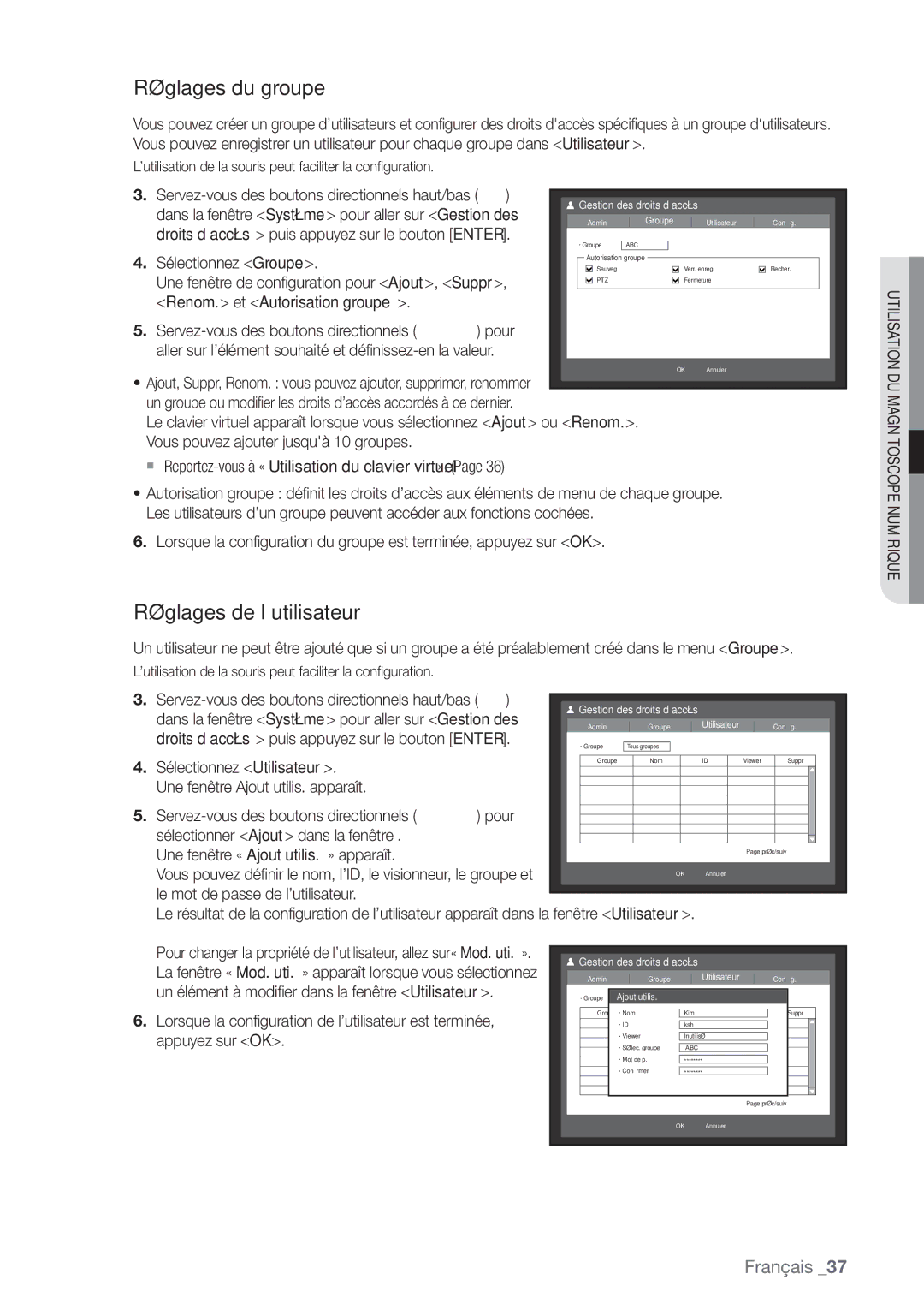 Samsung SHR-8162P, SHR-8082P, SHR-7082P manual Réglages du groupe, Réglages de l’utilisateur 