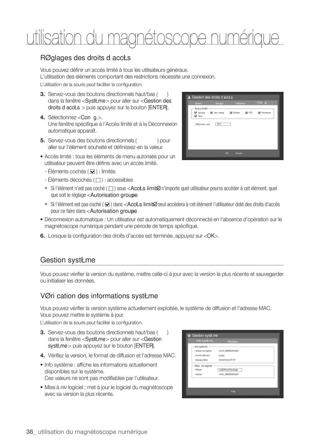 Samsung SHR-7082P, SHR-8082P, SHR-8162P Gestion système, Réglages des droits d’accès, Vériﬁcation des informations système 