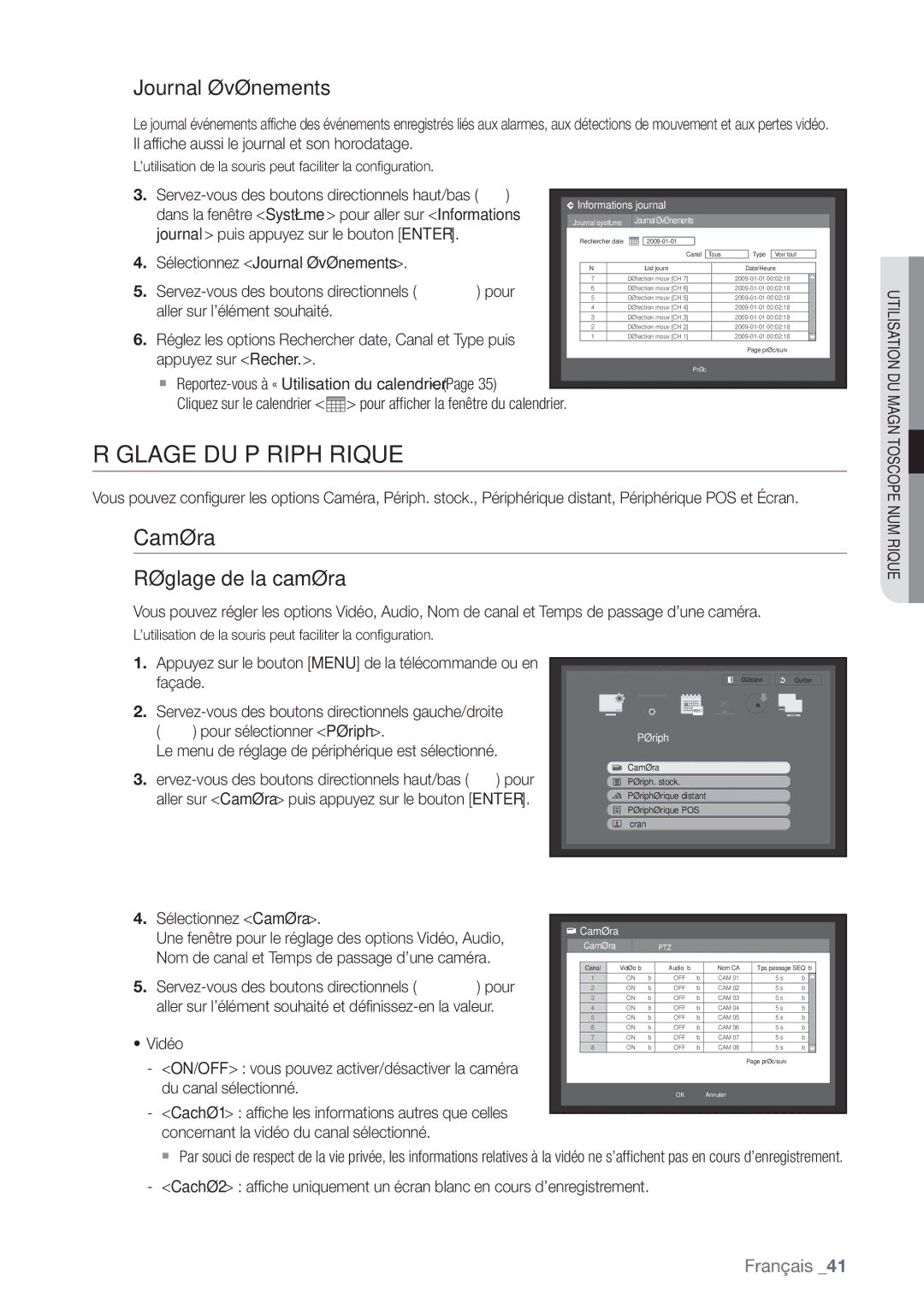 Samsung SHR-7082P, SHR-8082P, SHR-8162P manual Réglage DU Périphérique, Caméra, Journal événements, Réglage de la caméra 