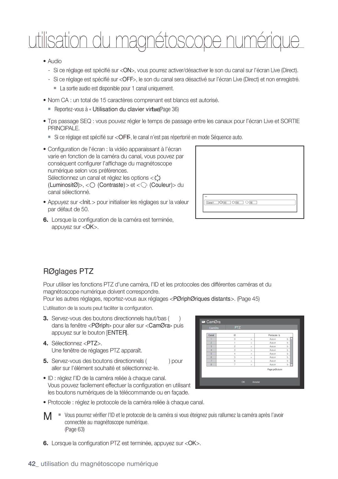 Samsung SHR-8082P, SHR-8162P, SHR-7082P manual Réglages PTZ, ID réglez l’ID de la caméra reliée à chaque canal, Conﬁg écran 