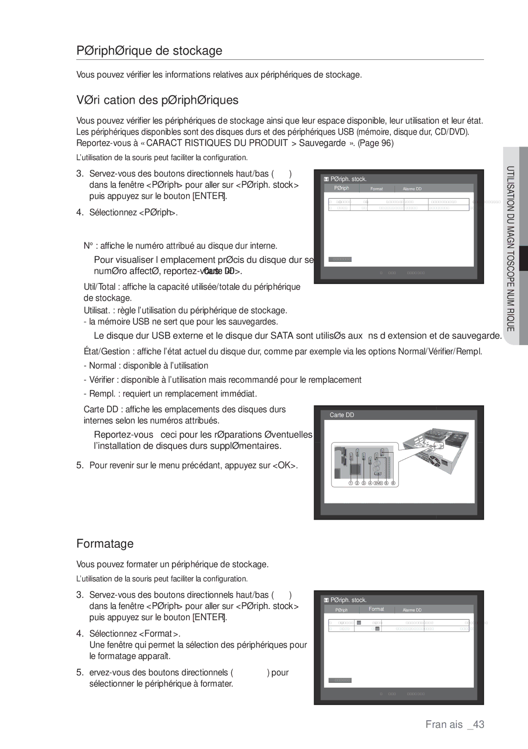 Samsung SHR-8162P, SHR-8082P, SHR-7082P manual Périphérique de stockage, Vériﬁcation des périphériques, Formatage 