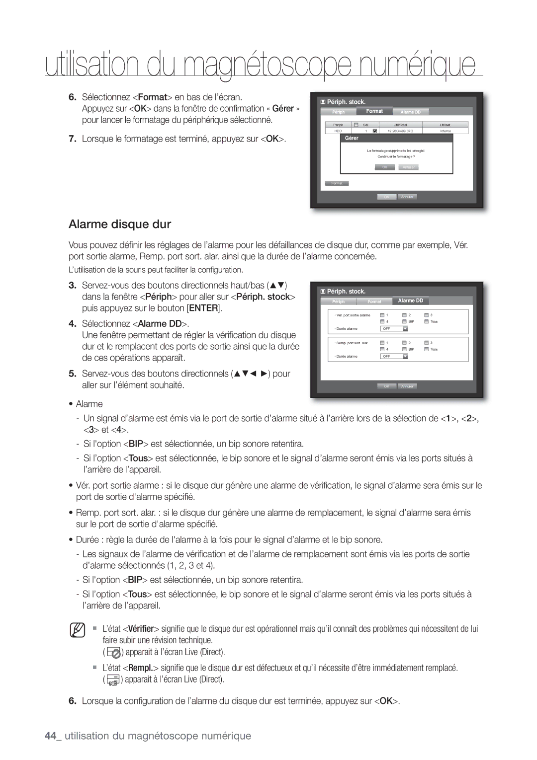 Samsung SHR-7082P, SHR-8082P, SHR-8162P manual Alarme disque dur, Sélectionnez Format en bas de l’écran, Gérer, Alarme DD 