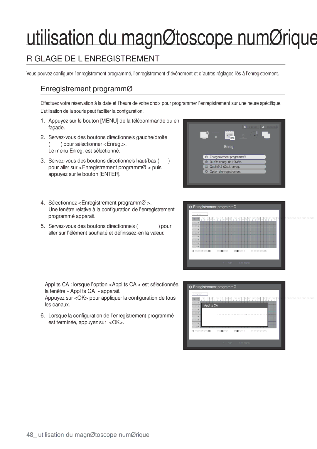 Samsung SHR-8082P, SHR-8162P manual Réglage DE L’ENREGISTREMENT, Enregistrement programmé, Le menu Enreg. est sélectionné 