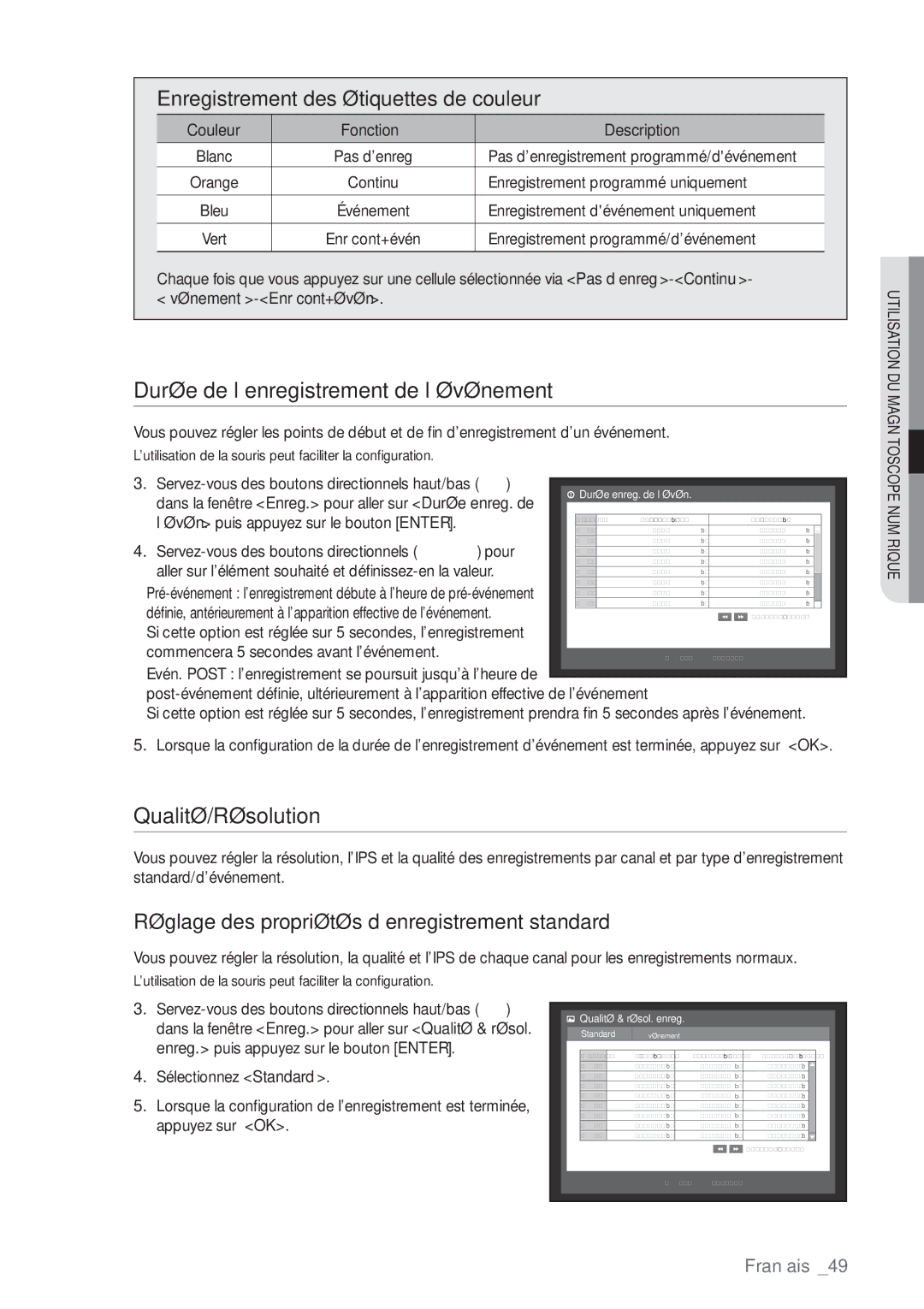 Samsung SHR-8162P Durée de l’enregistrement de l’événement, Qualité/Résolution, Enregistrement des étiquettes de couleur 