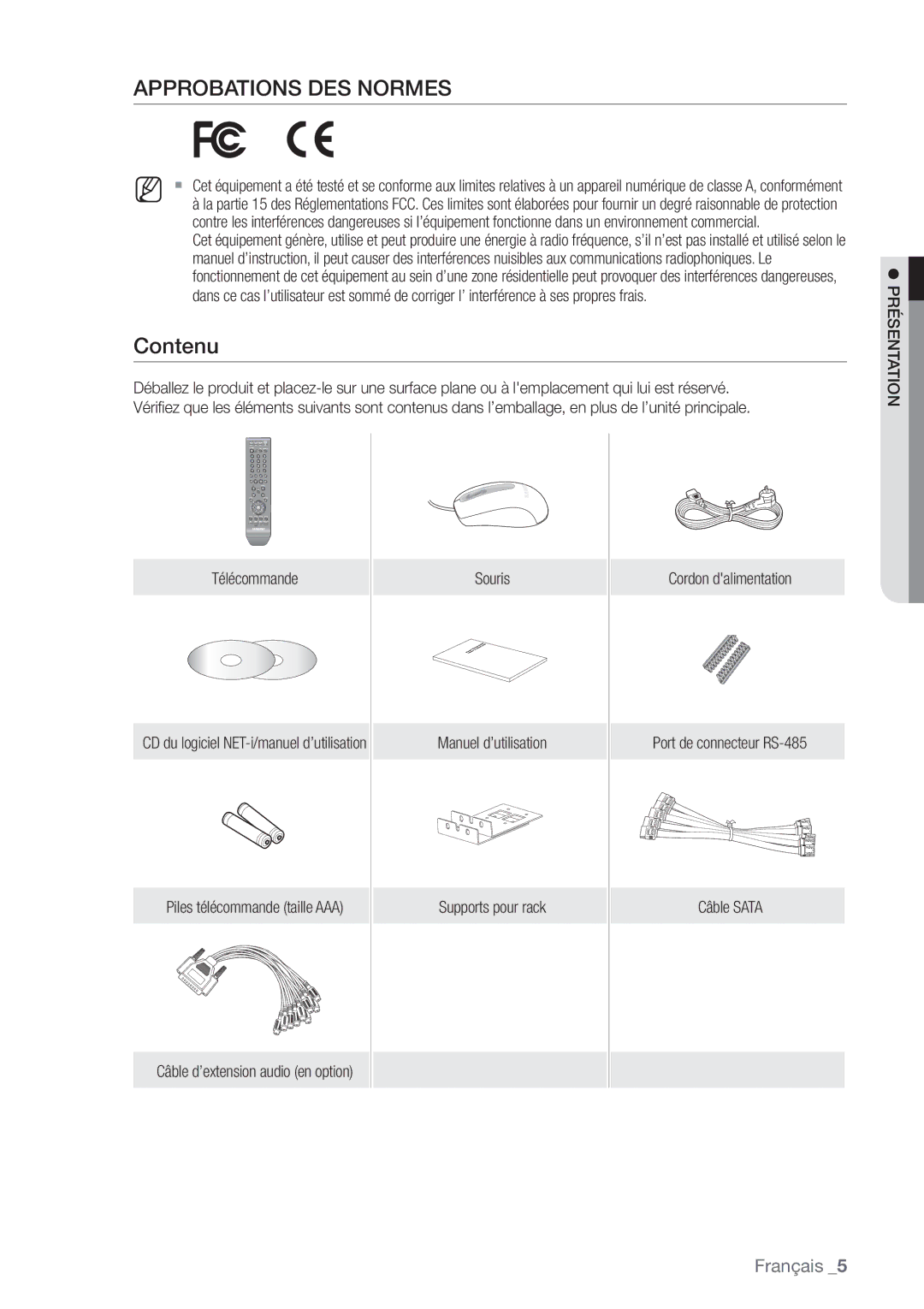 Samsung SHR-7082P, SHR-8082P, SHR-8162P manual Contenu, Télécommande, CD du logiciel NET-i/manuel d’utilisation 