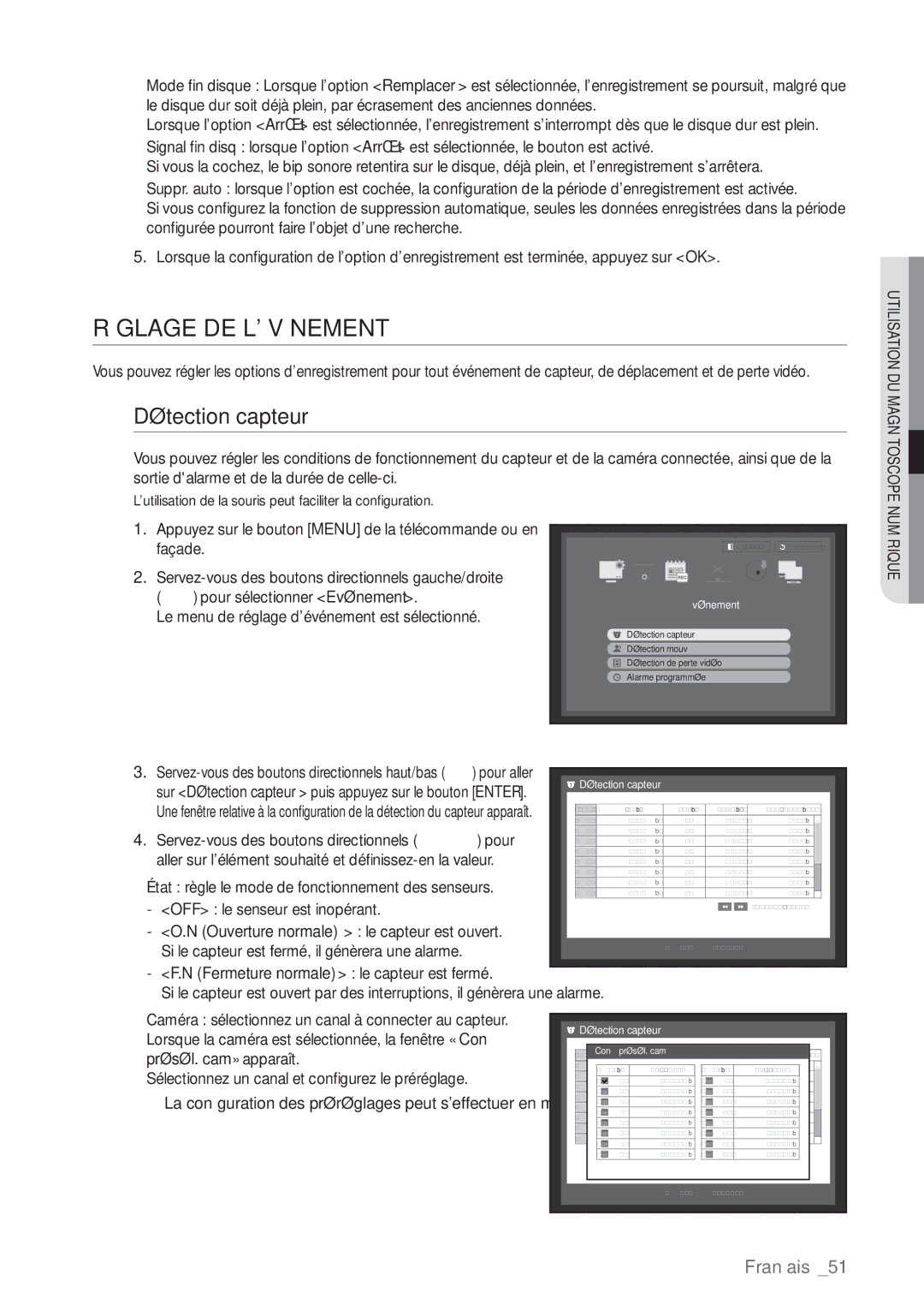 Samsung SHR-8082P, SHR-8162P, SHR-7082P manual Réglage DE Lévénement, Détection capteur 