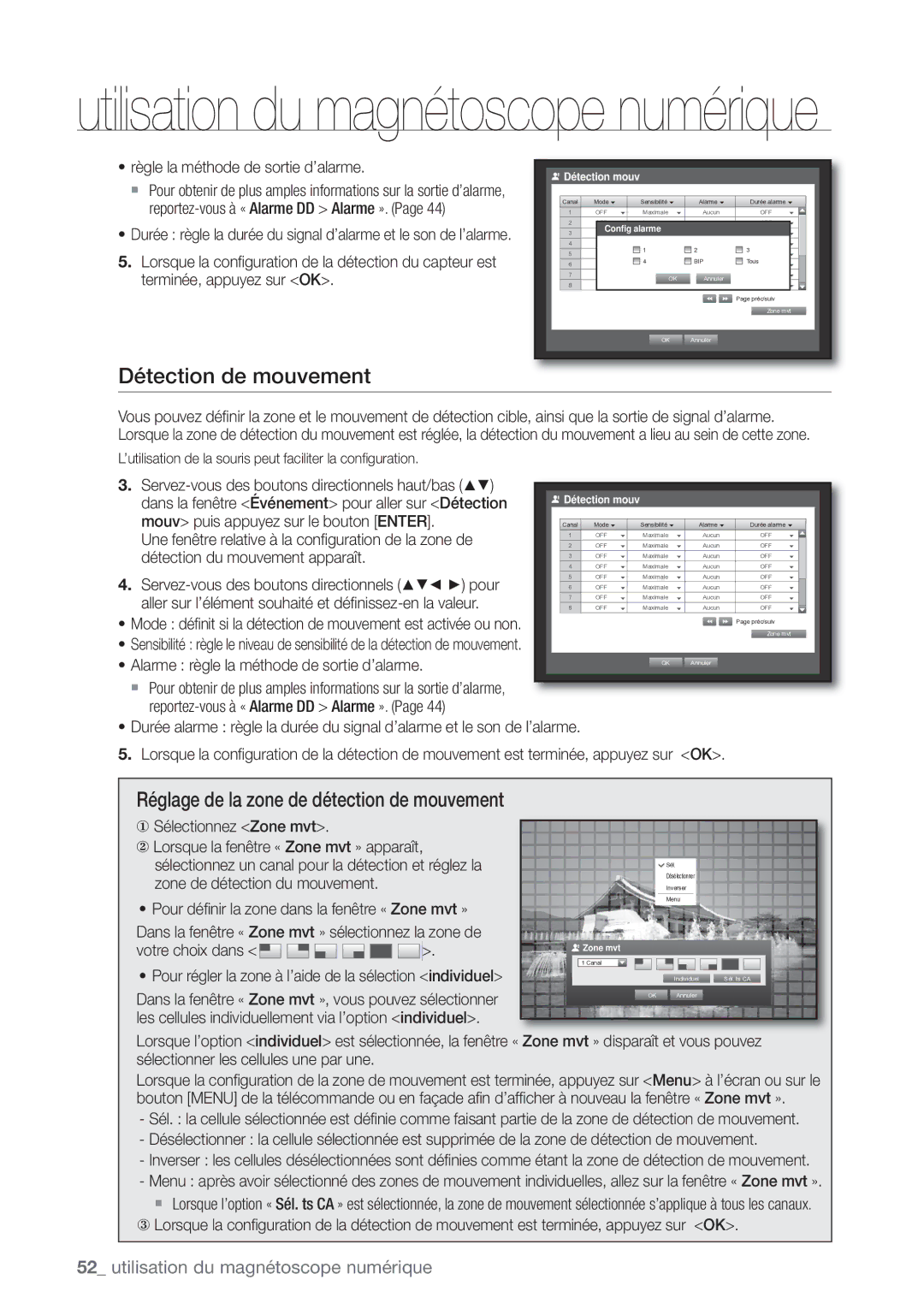 Samsung SHR-8162P, SHR-8082P, SHR-7082P manual Détection de mouvement, Réglage de la zone de détection de mouvement 