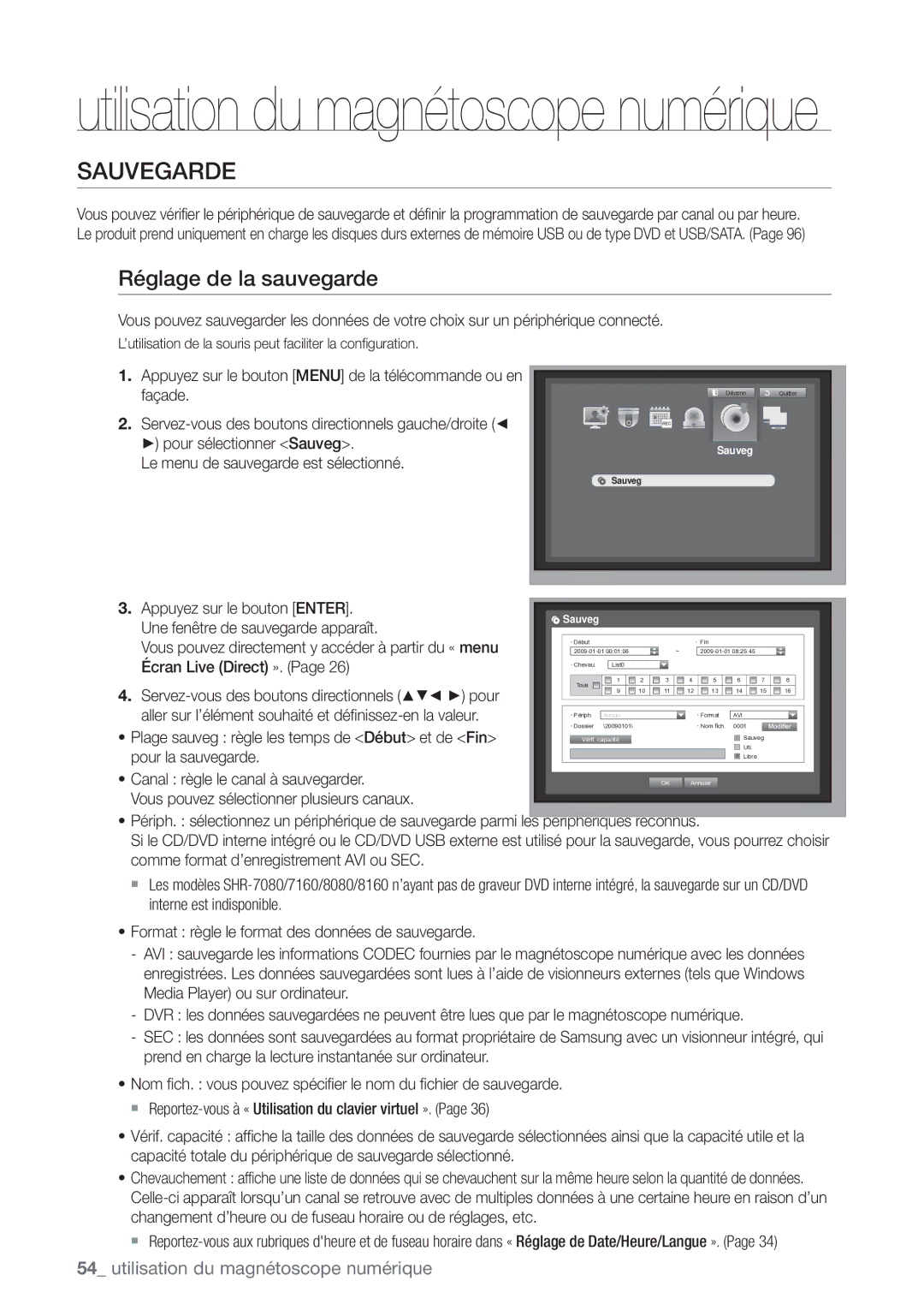 Samsung SHR-8082P, SHR-8162P, SHR-7082P manual Sauvegarde, Réglage de la sauvegarde 