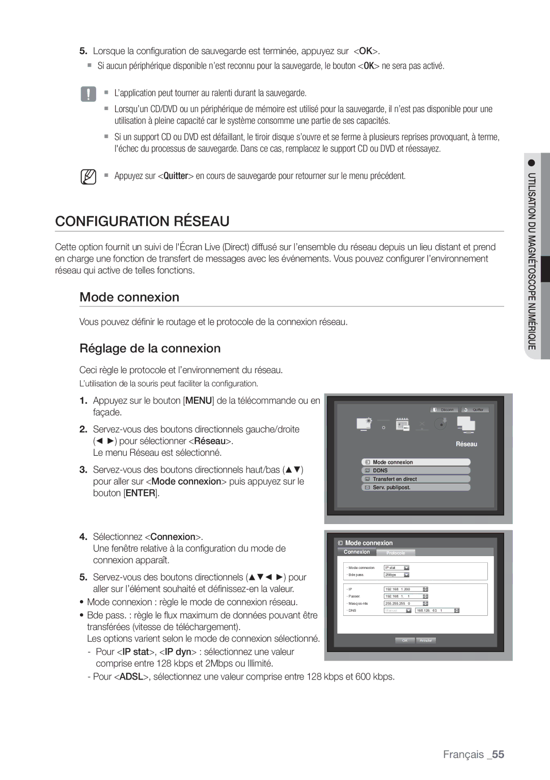 Samsung SHR-8162P, SHR-8082P, SHR-7082P manual Configuration Réseau, Mode connexion, Réglage de la connexion 