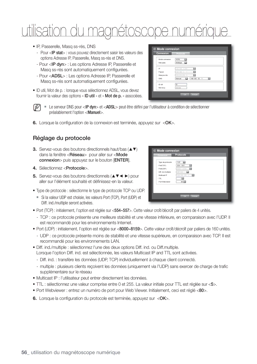 Samsung SHR-7082P, SHR-8082P, SHR-8162P manual Réglage du protocole, IP, Passerelle, Masq ss-rés, DNS, Sélectionnez Protocole 