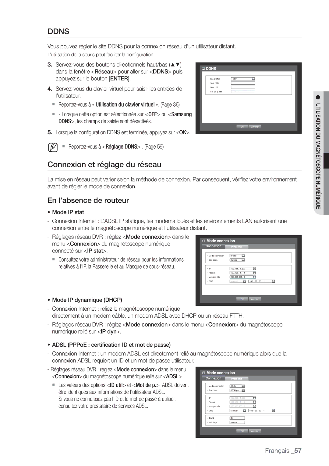 Samsung SHR-8082P, SHR-8162P manual Connexion et réglage du réseau, En l’absence de routeur,  Reportez-vous à Réglage Ddns 