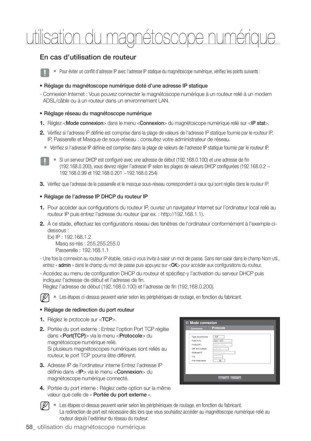 Samsung SHR-8162P En cas dutilisation de routeur, Dans PortTCP via le menu Protocole du, Magnétoscope numérique relié 