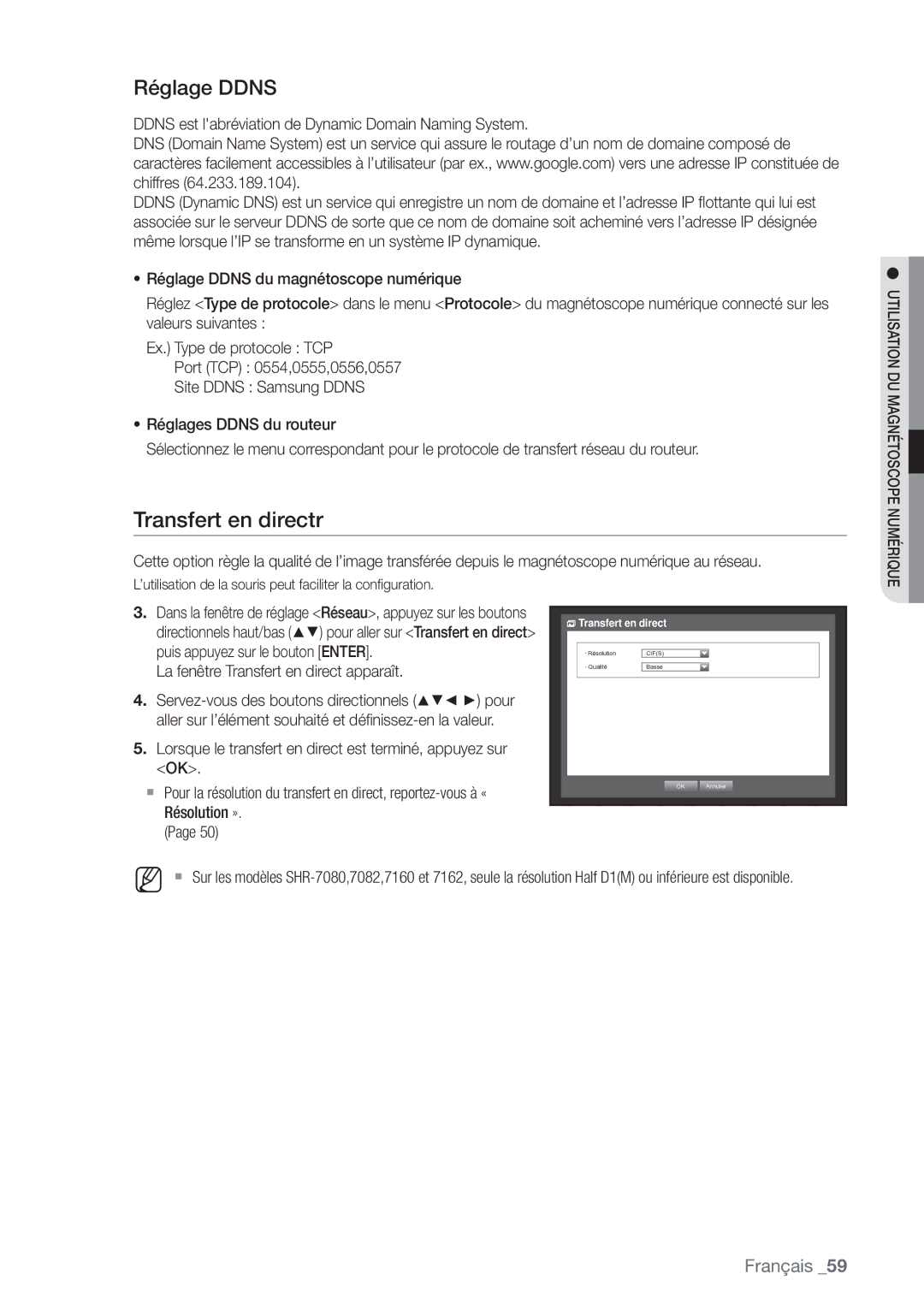 Samsung SHR-7082P, SHR-8082P Transfert en directr, Réglage Ddns, Ddns est labréviation de Dynamic Domain Naming System 