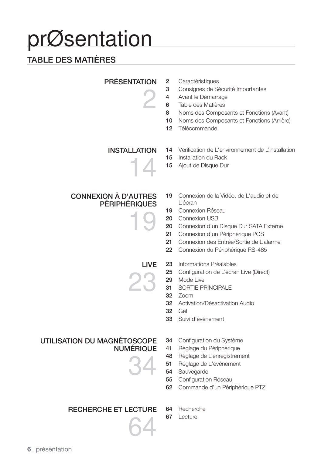 Samsung SHR-8082P, SHR-8162P, SHR-7082P manual Table DES Matières, Sortie Principale 