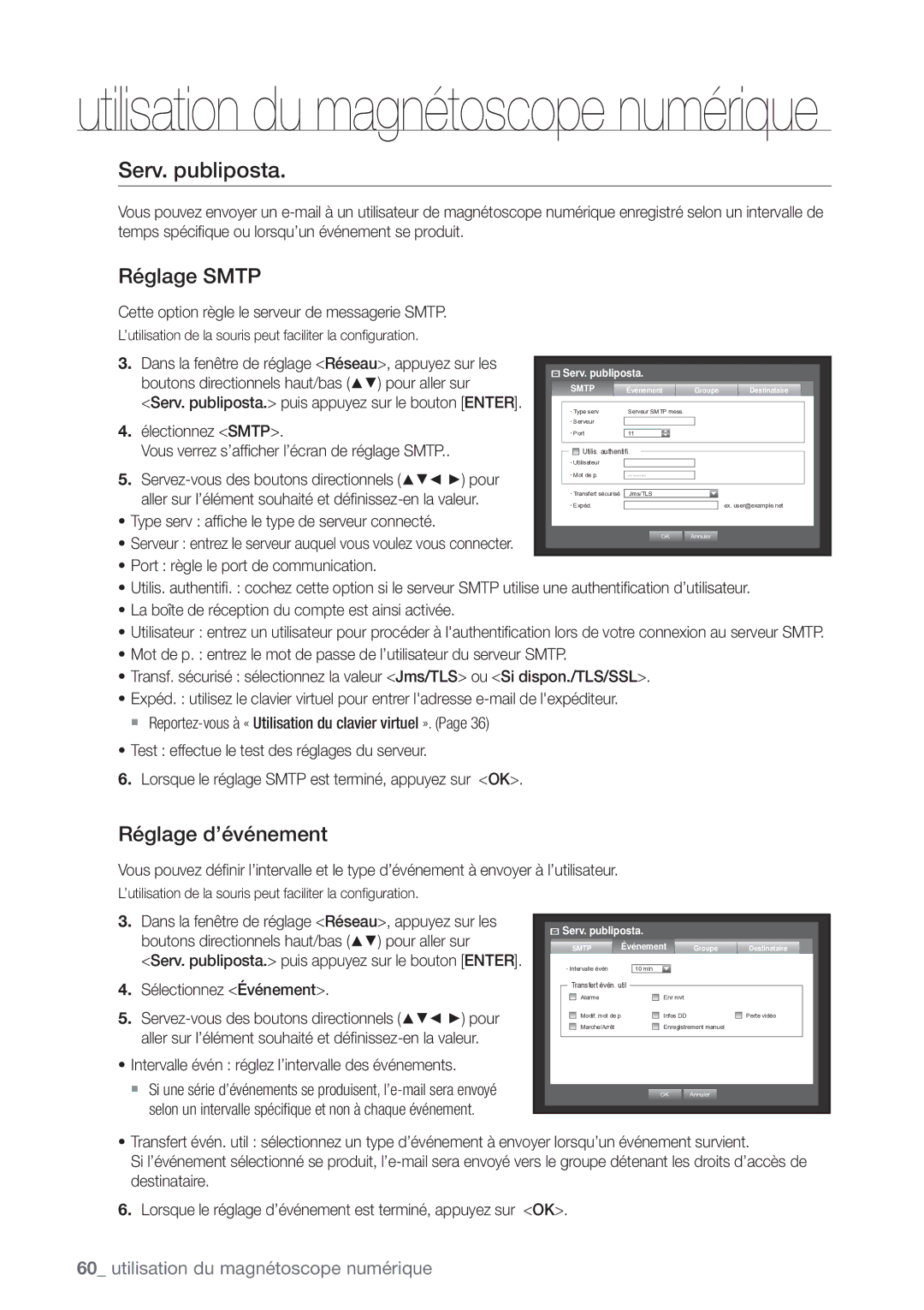 Samsung SHR-8082P, SHR-8162P, SHR-7082P manual Serv. publiposta, Réglage Smtp, Réglage d’événement 