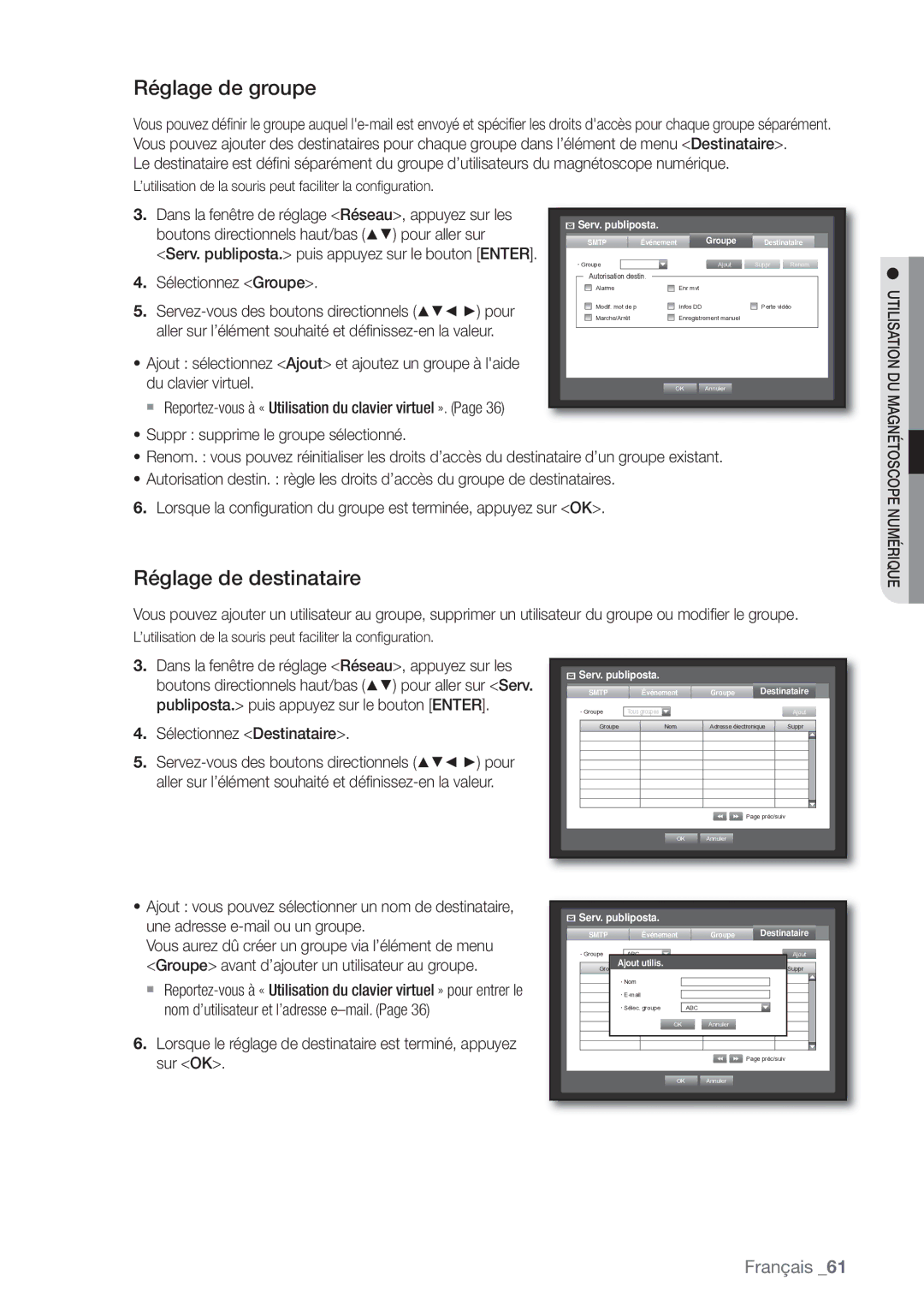 Samsung SHR-8162P, SHR-8082P, SHR-7082P manual Réglage de groupe, Réglage de destinataire 