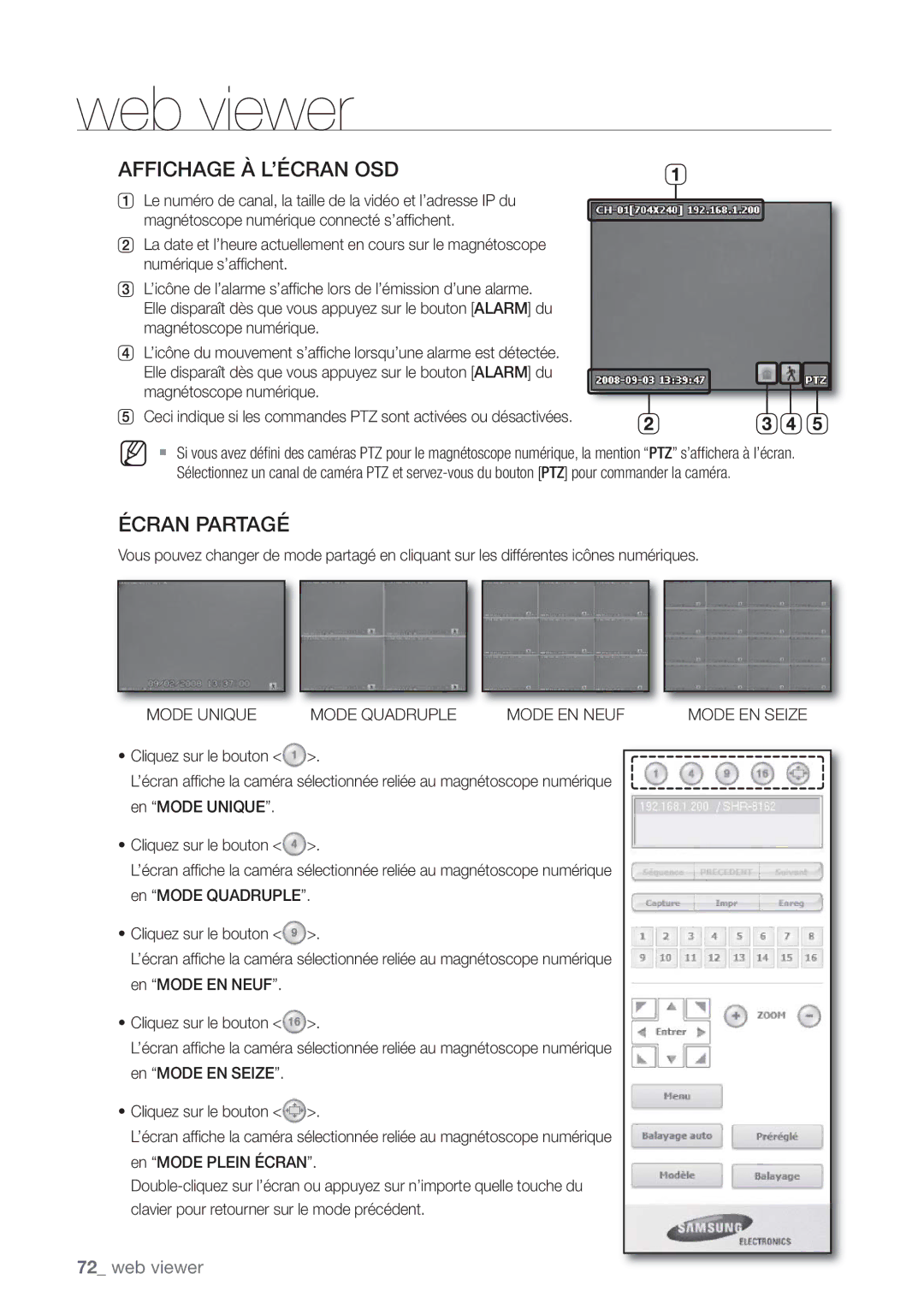 Samsung SHR-8082P, SHR-8162P, SHR-7082P manual Affichage À L’ÉCRAN OSD, Mode Unique Mode Quadruple Mode EN Neuf 