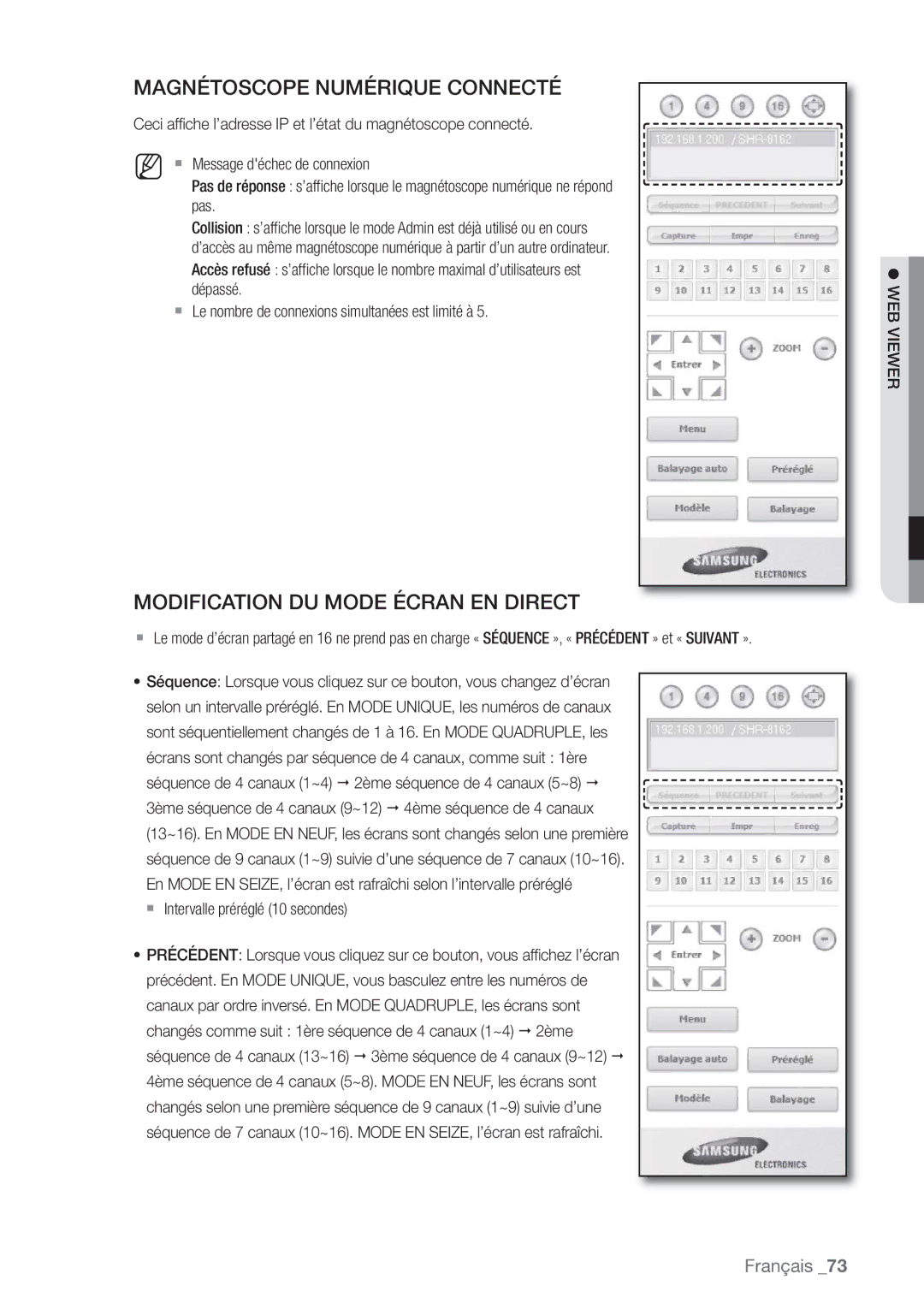 Samsung SHR-8162P, SHR-8082P manual  Le nombre de connexions simultanées est limité à,  Intervalle préréglé 10 secondes 