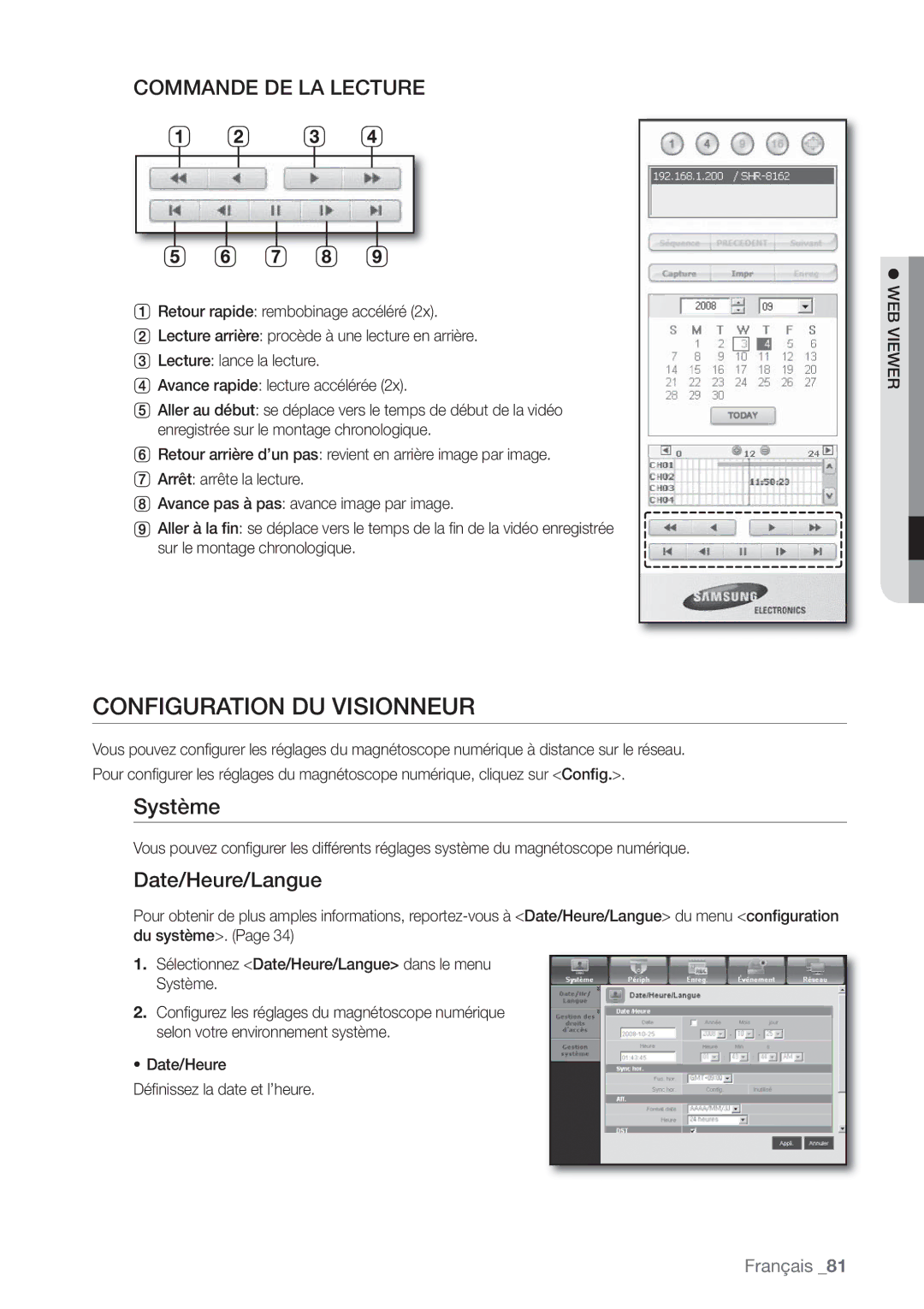 Samsung SHR-8082P, SHR-8162P, SHR-7082P manual Configuration DU Visionneur, Système, Date/Heure/Langue 