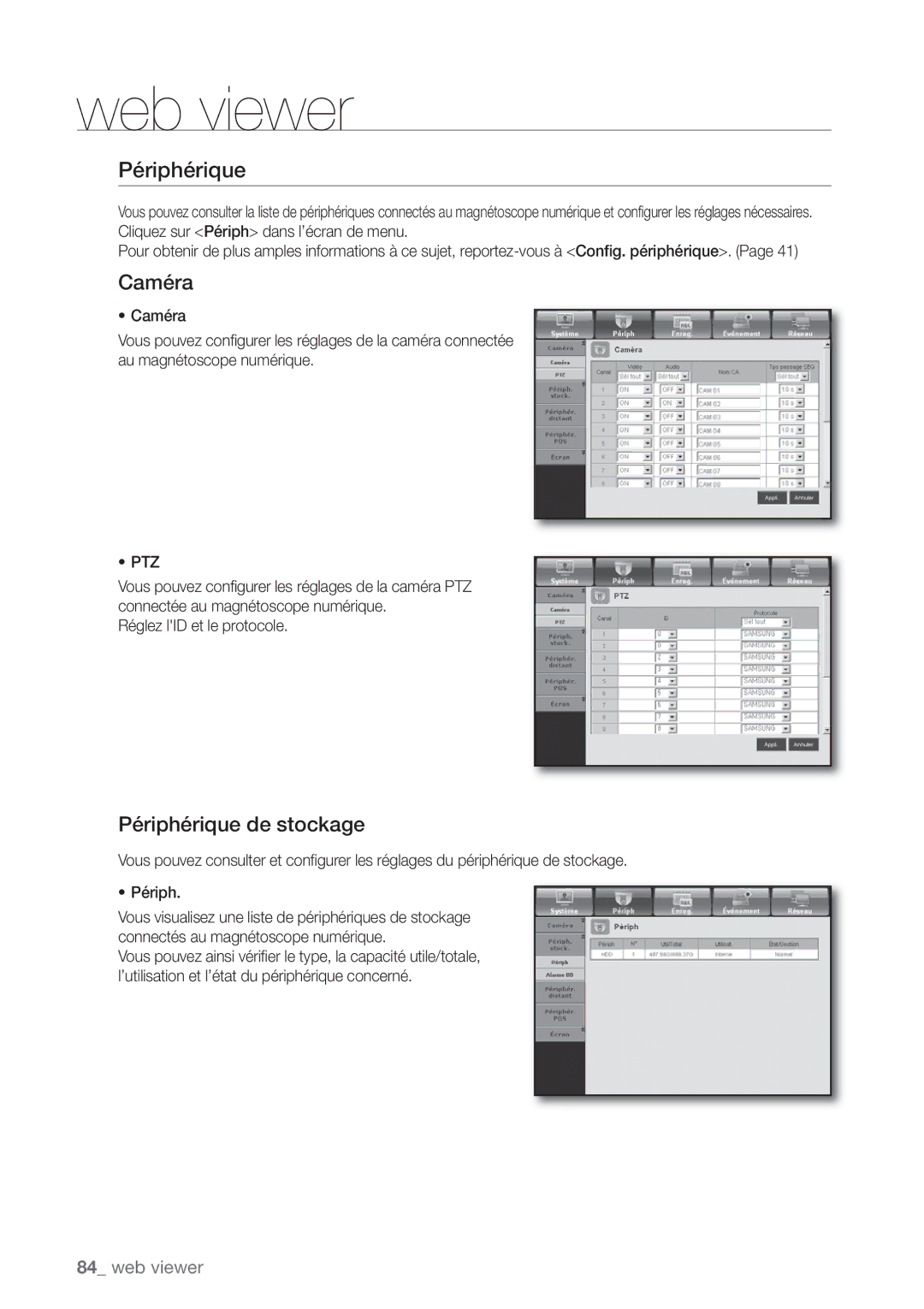 Samsung SHR-8082P, SHR-8162P, SHR-7082P manual Caméra, Périphérique de stockage, Réglez lID et le protocole 