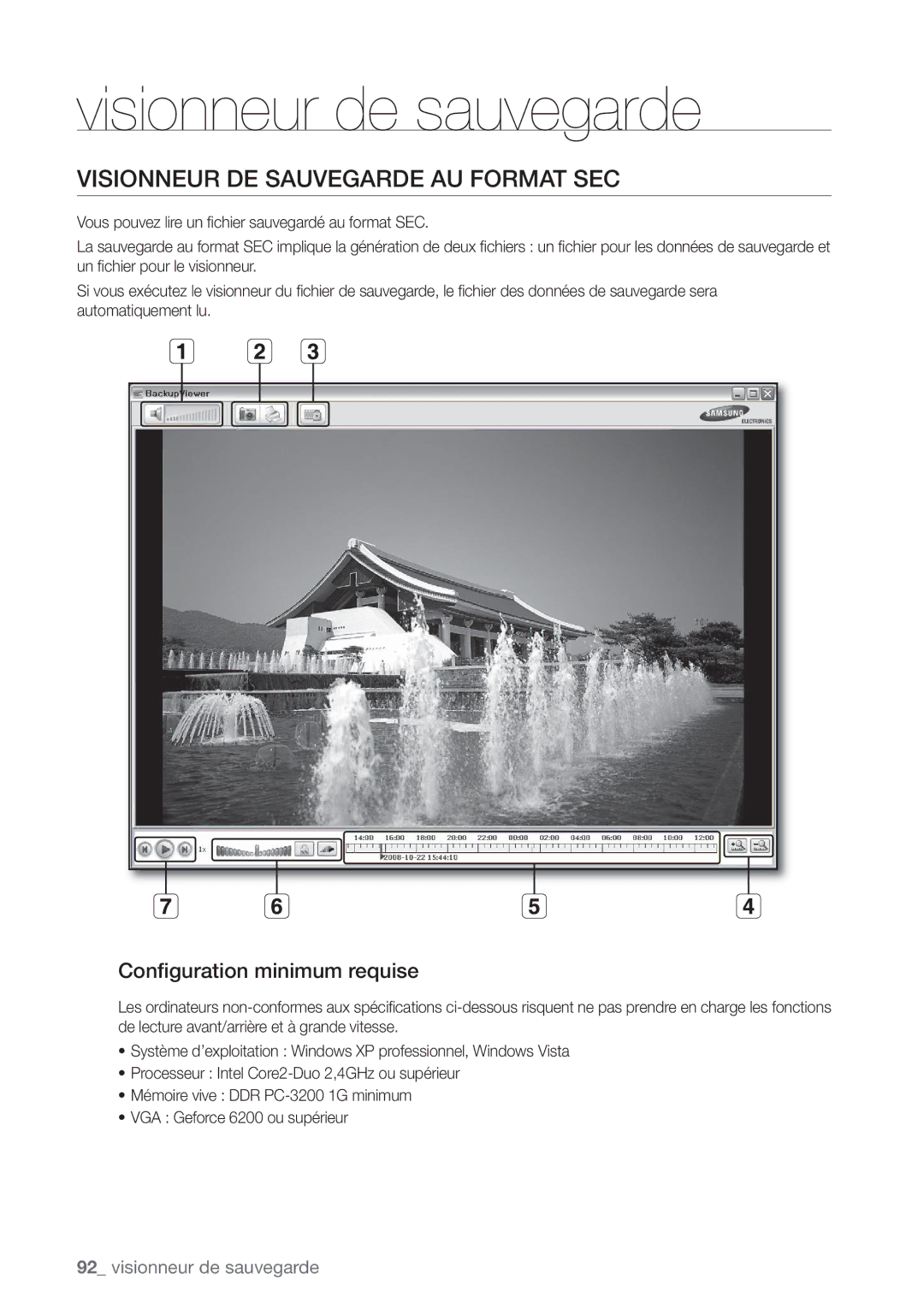 Samsung SHR-7082P, SHR-8082P, SHR-8162P manual Visionneur DE Sauvegarde AU Format SEC, Conﬁguration minimum requise 