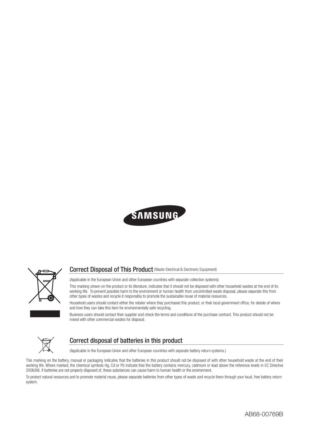 Samsung SHR-8160P, SHR-7162P, SHR-8082P, SHR-8162P, SHR-7082P, SHR-7080P manual Correct disposal of batteries in this product 