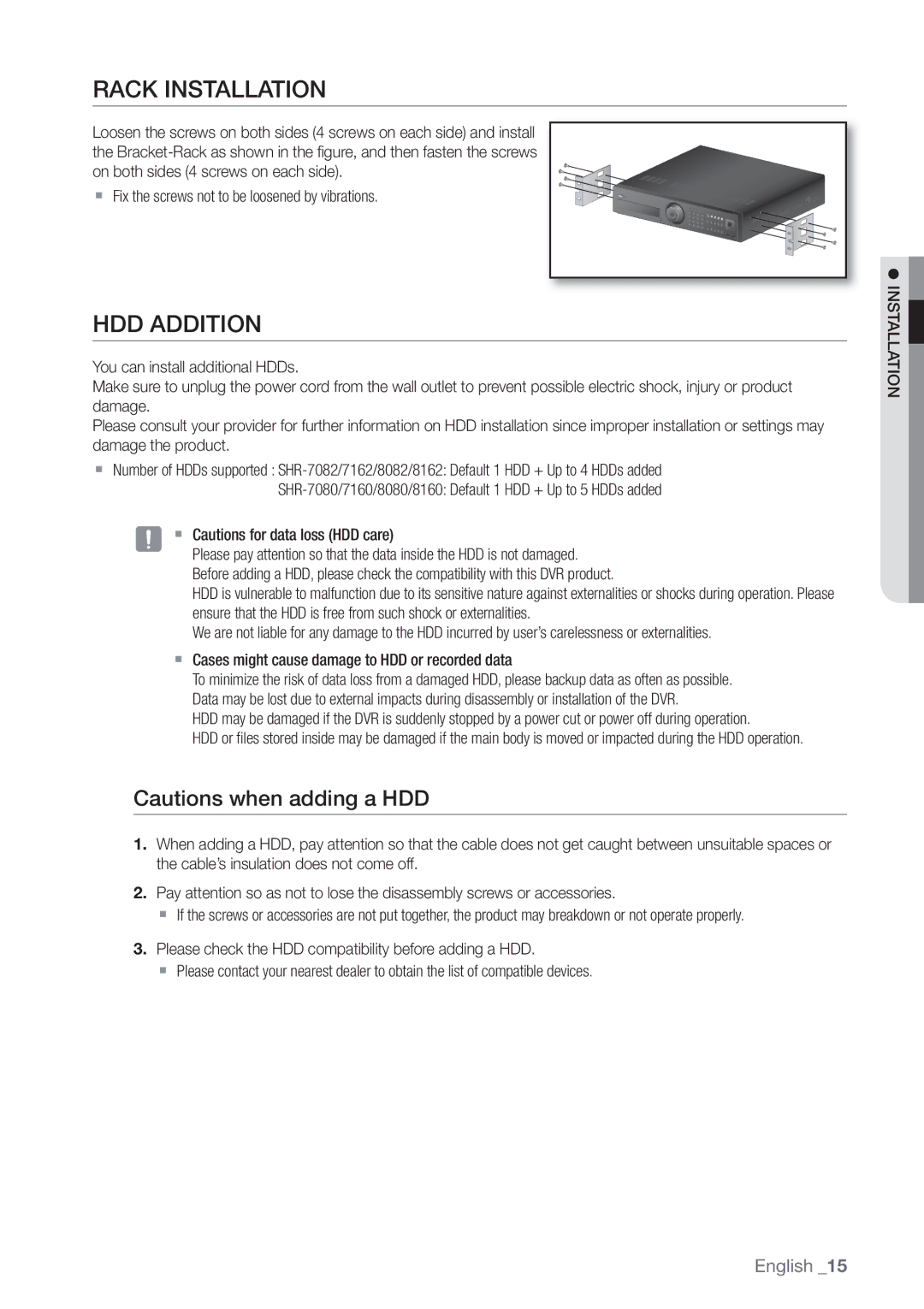 Samsung SHR-8080P manual Rack Installation, HDD Addition,  Fix the screws not to be loosened by vibrations,  Installation 