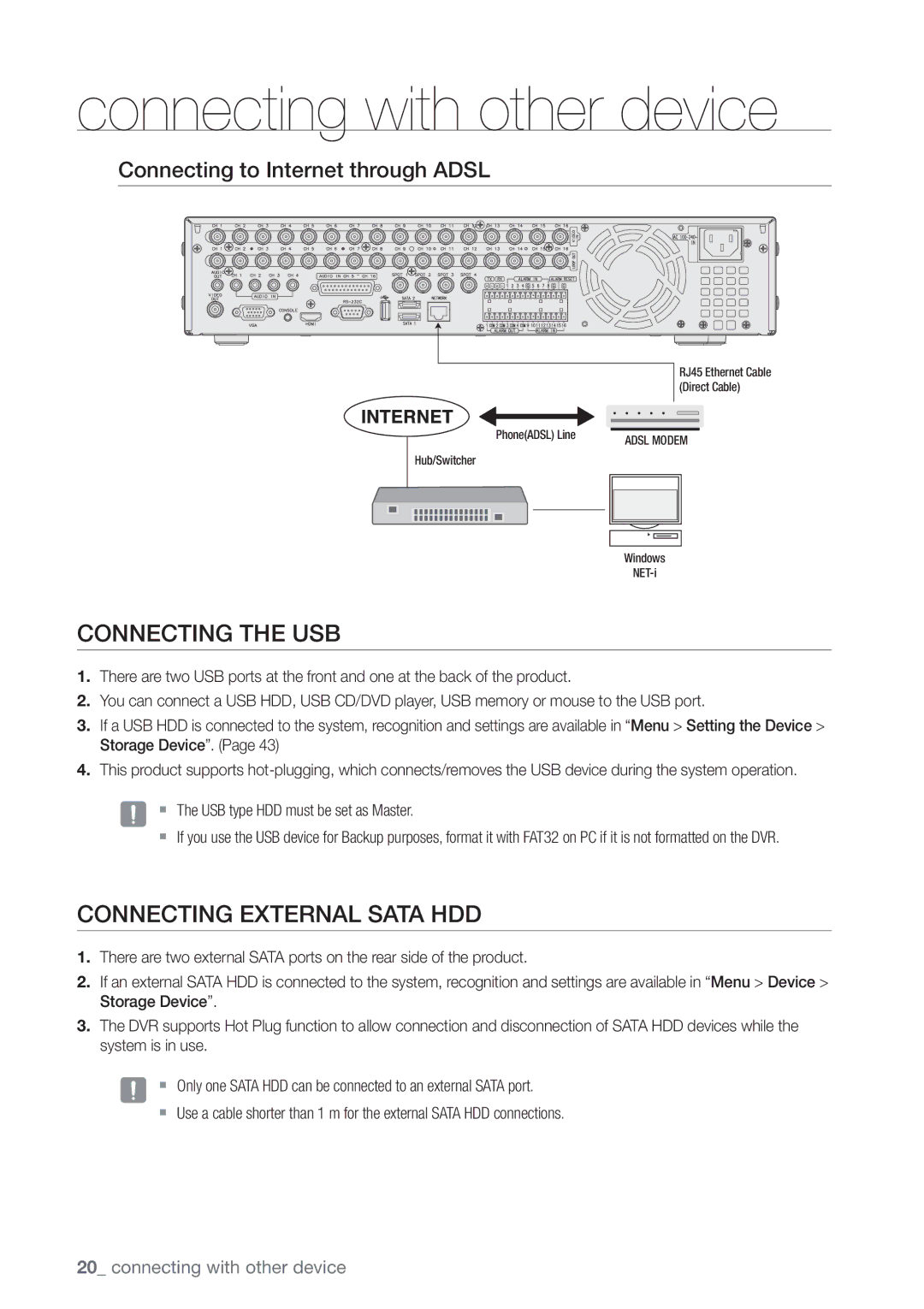 Samsung SHR-7082P, SHR-8160P manual Connecting the USB, Connecting External Sata HDD, Connecting to Internet through Adsl 