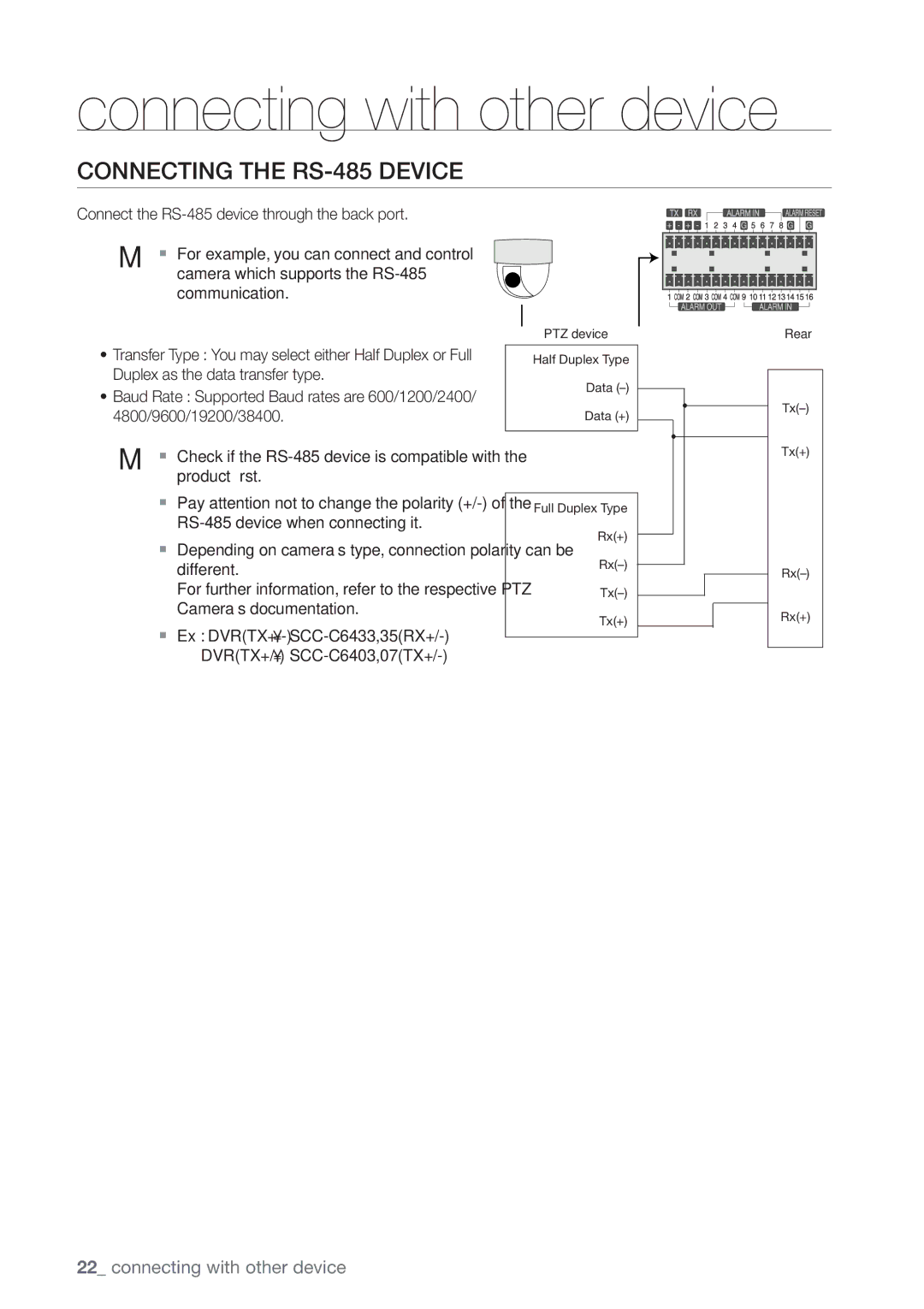 Samsung SHR-7160P, SHR-8160P manual Connecting the RS-485 Device,  Ex DVRTX+/- SCC-C6433,35RX+ DVRTX+/- SCC-C6403,07TX+ 