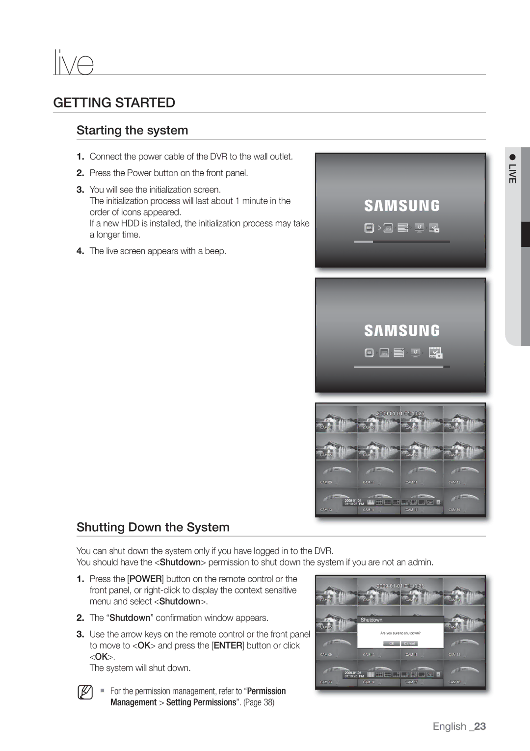 Samsung SHR-8080P, SHR-8160P, SHR-7162P, SHR-8082P Getting Started, Starting the system, Shutting Down the System,  Live 