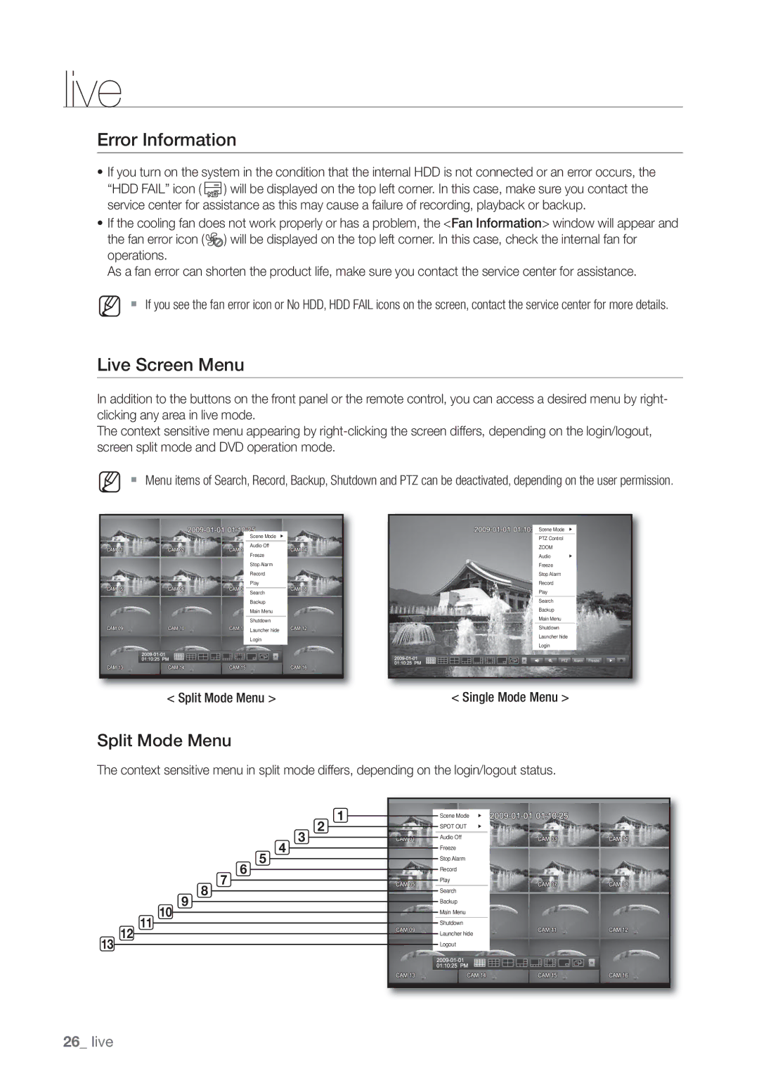 Samsung SHR-8082P, SHR-8160P, SHR-7162P, SHR-8162P, SHR-7082P, SHR-7080P Error Information, Live Screen Menu, Split Mode Menu 