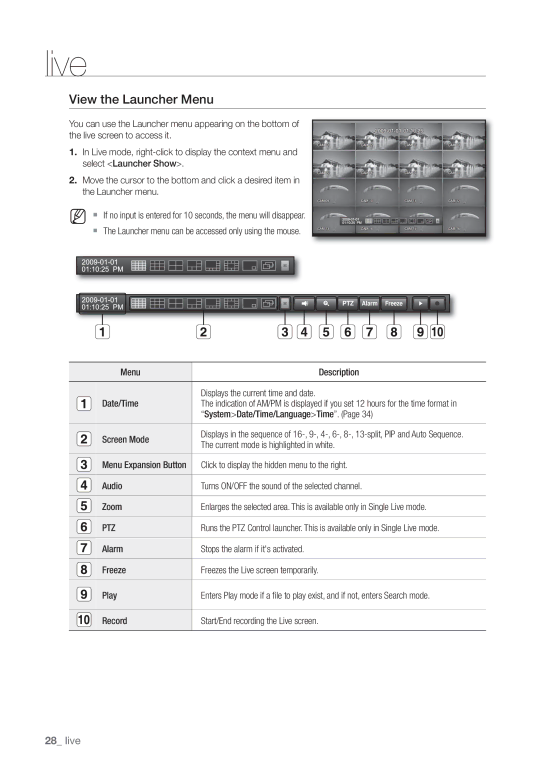 Samsung SHR-7082P manual View the Launcher Menu, SystemDate/Time/LanguageTime, Current mode is highlighted in white, Ptz 