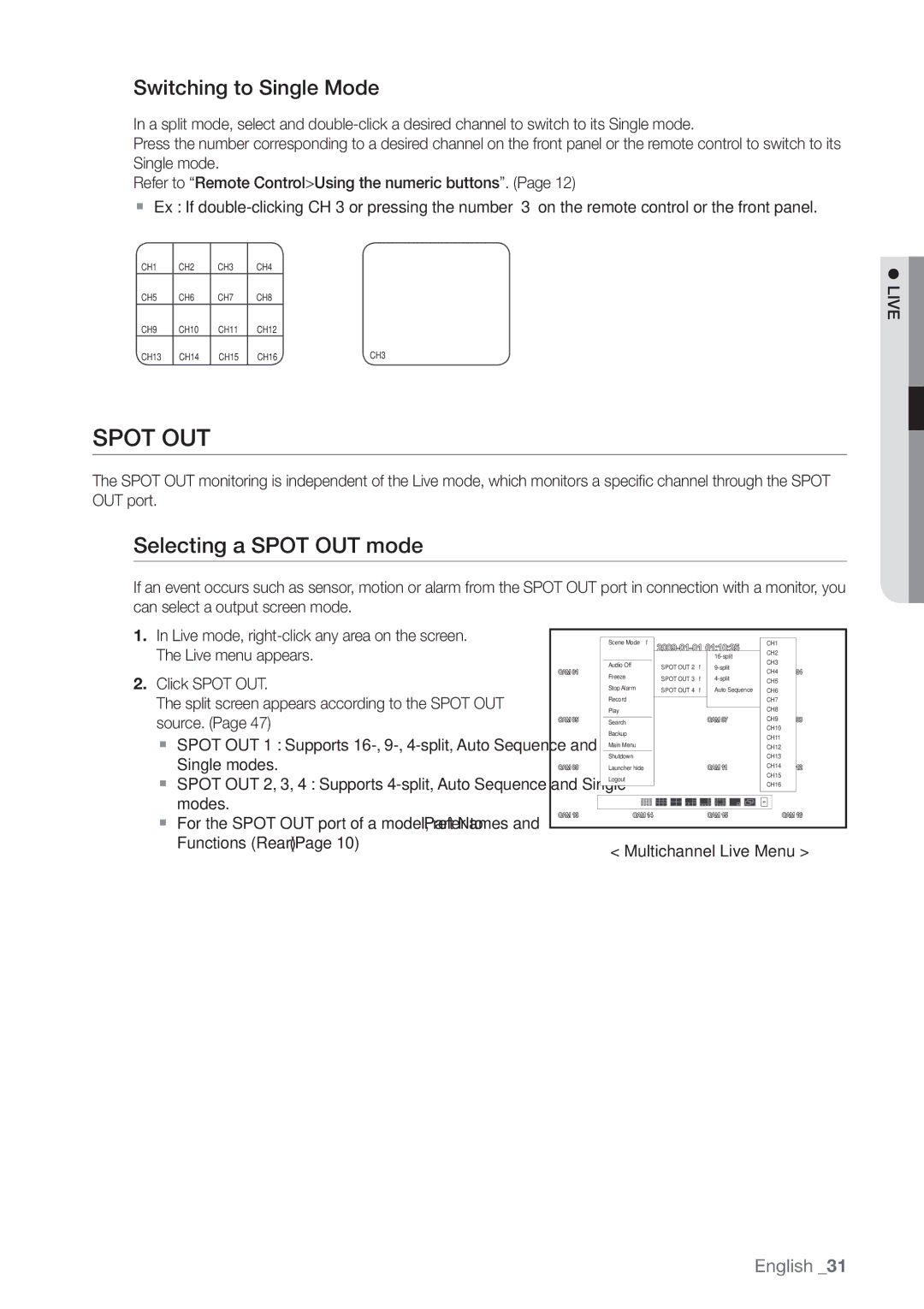 Samsung SHR-8080P, SHR-8160P, SHR-7162P Selecting a Spot OUT mode, Switching to Single Mode, Multichannel Live Menu 