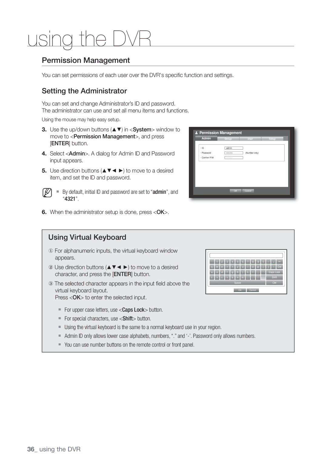 Samsung SHR-7082P, SHR-8160P, SHR-7162P, SHR-8082P Permission Management, Setting the Administrator, Using Virtual Keyboard 