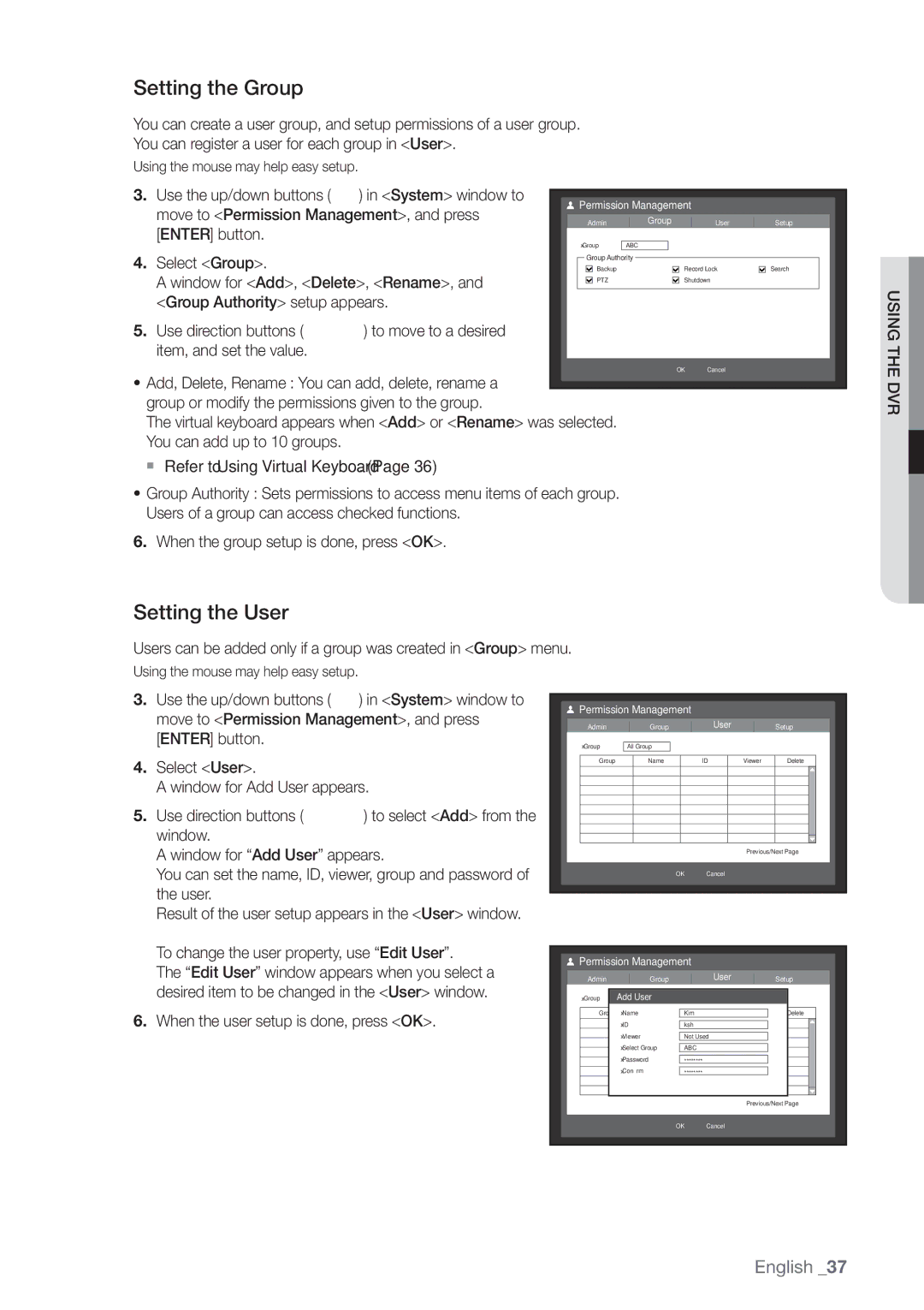 Samsung SHR-7080P, SHR-8160P, SHR-7162P, SHR-8082P, SHR-8162P, SHR-7082P, SHR-7160P manual Setting the Group, Setting the User 