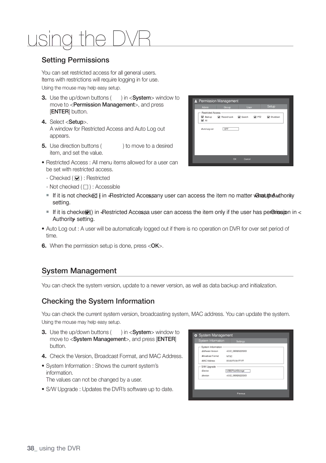 Samsung SHR-7160P, SHR-8160P, SHR-7162P manual System Management, Setting Permissions, Checking the System Information, Setup 