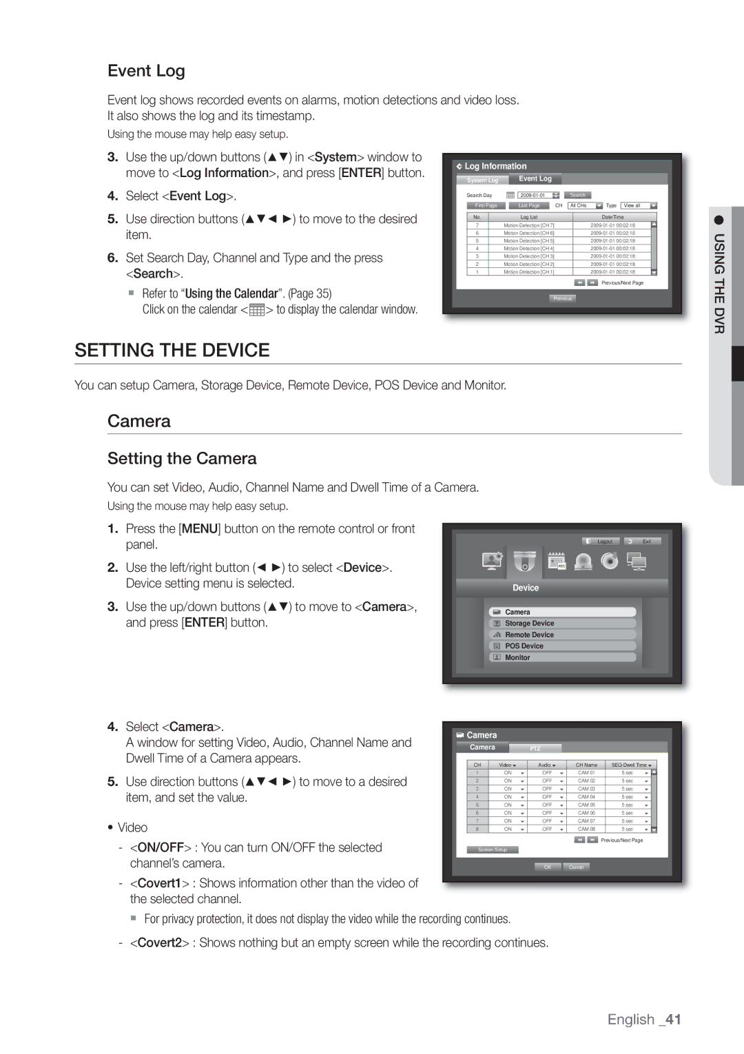 Samsung SHR-7162P, SHR-8160P, SHR-8082P, SHR-8162P, SHR-7082P manual Setting the Device, Event Log, Setting the Camera, Dvr 