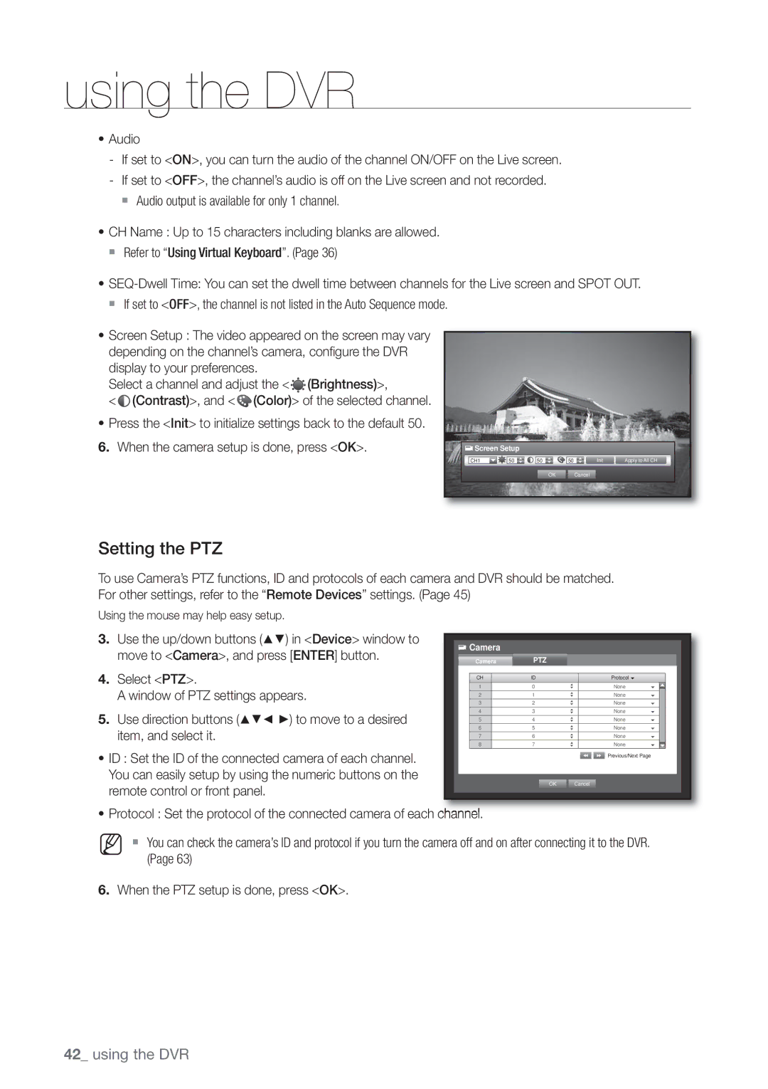 Samsung SHR-8082P, SHR-8160P, SHR-7162P, SHR-8162P, SHR-7082P, SHR-7080P, SHR-7160P, SHR-8080P Setting the PTZ, Screen Setup 