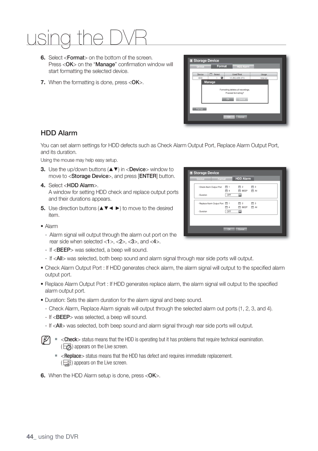 Samsung SHR-7082P HDD Alarm, Use the up/down buttons in Device window to, Move to Storage Device, and press Enter button 