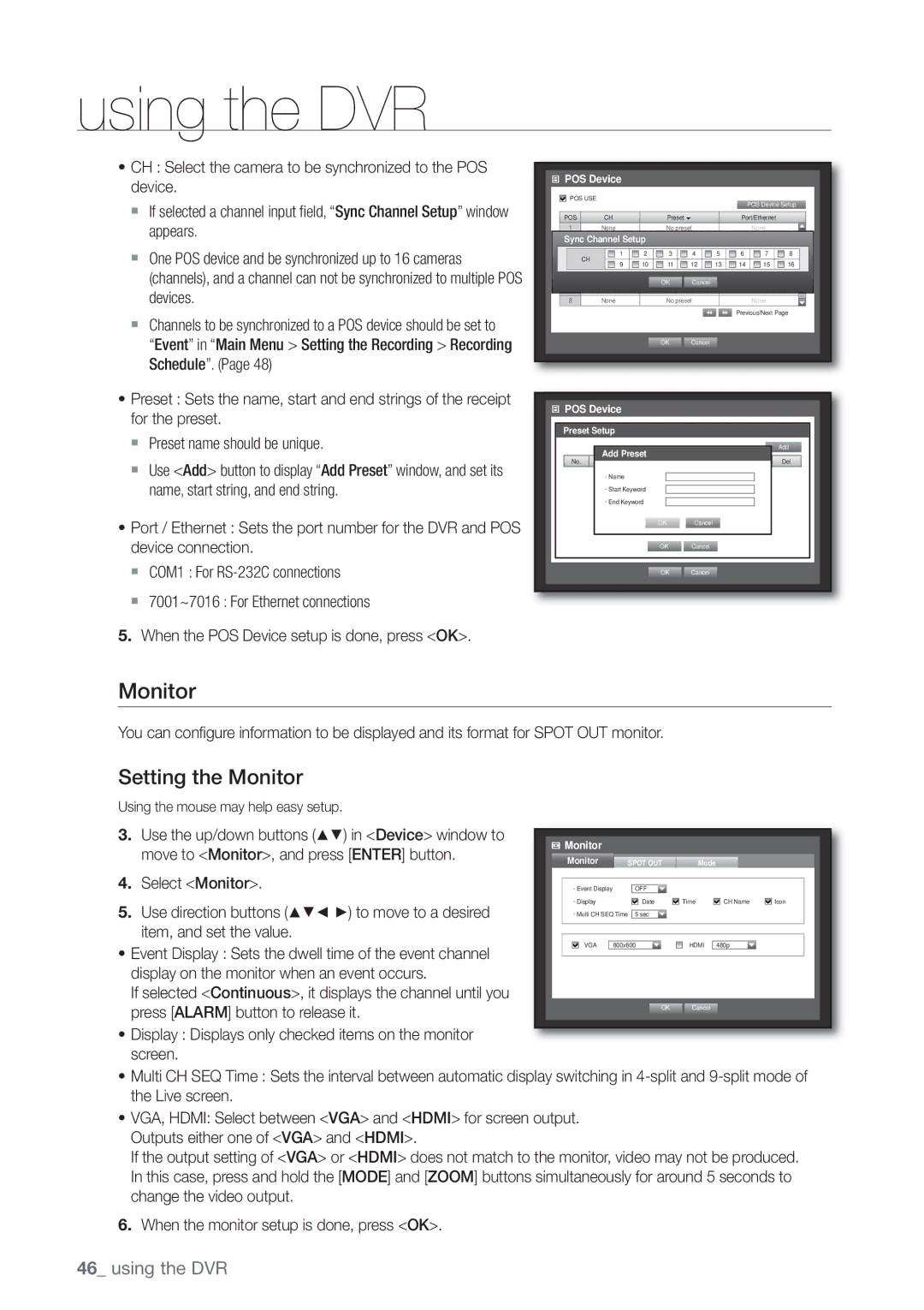 Samsung SHR-7160P, SHR-8160P, SHR-7162P, SHR-8082P, SHR-8162P, SHR-7082P, SHR-7080P, SHR-8080P manual Setting the Monitor 